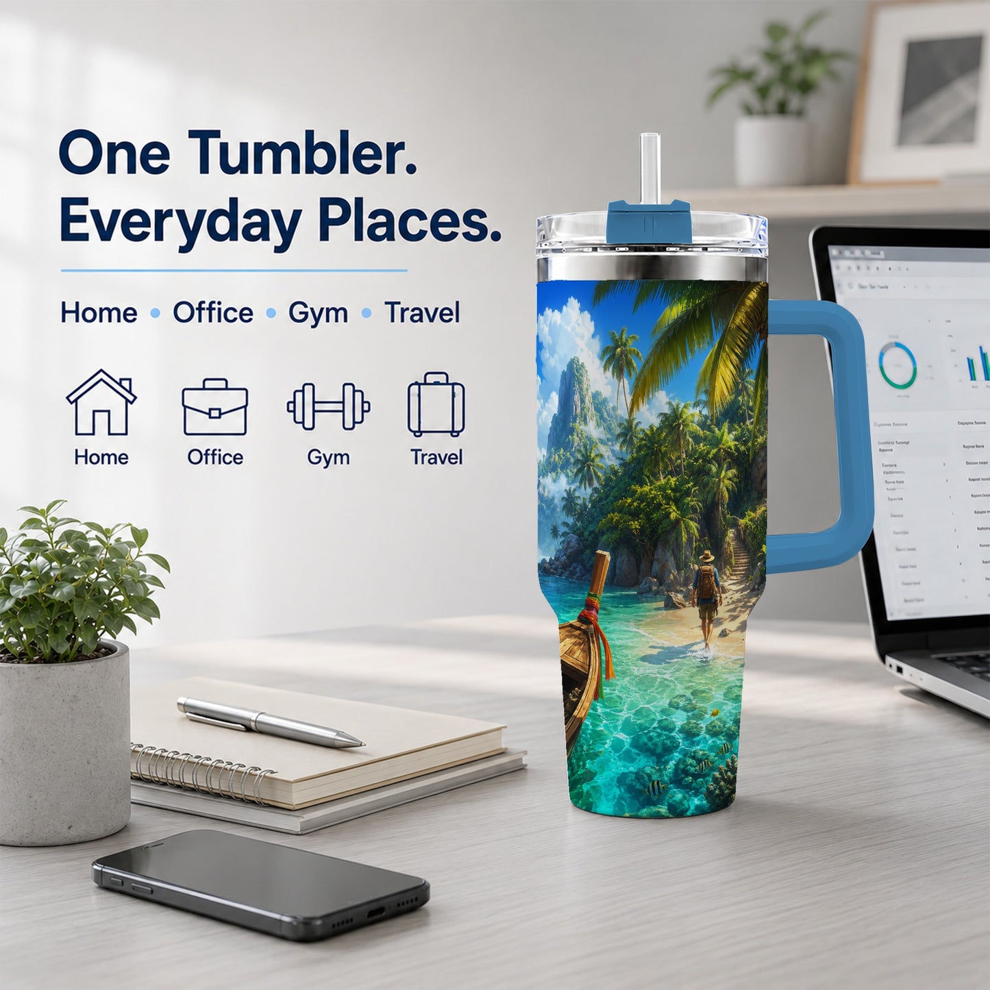 #pl[40oz|Blue] Tropical Island 40oz Tumbler with Handle, Lagoon Beach Adventure