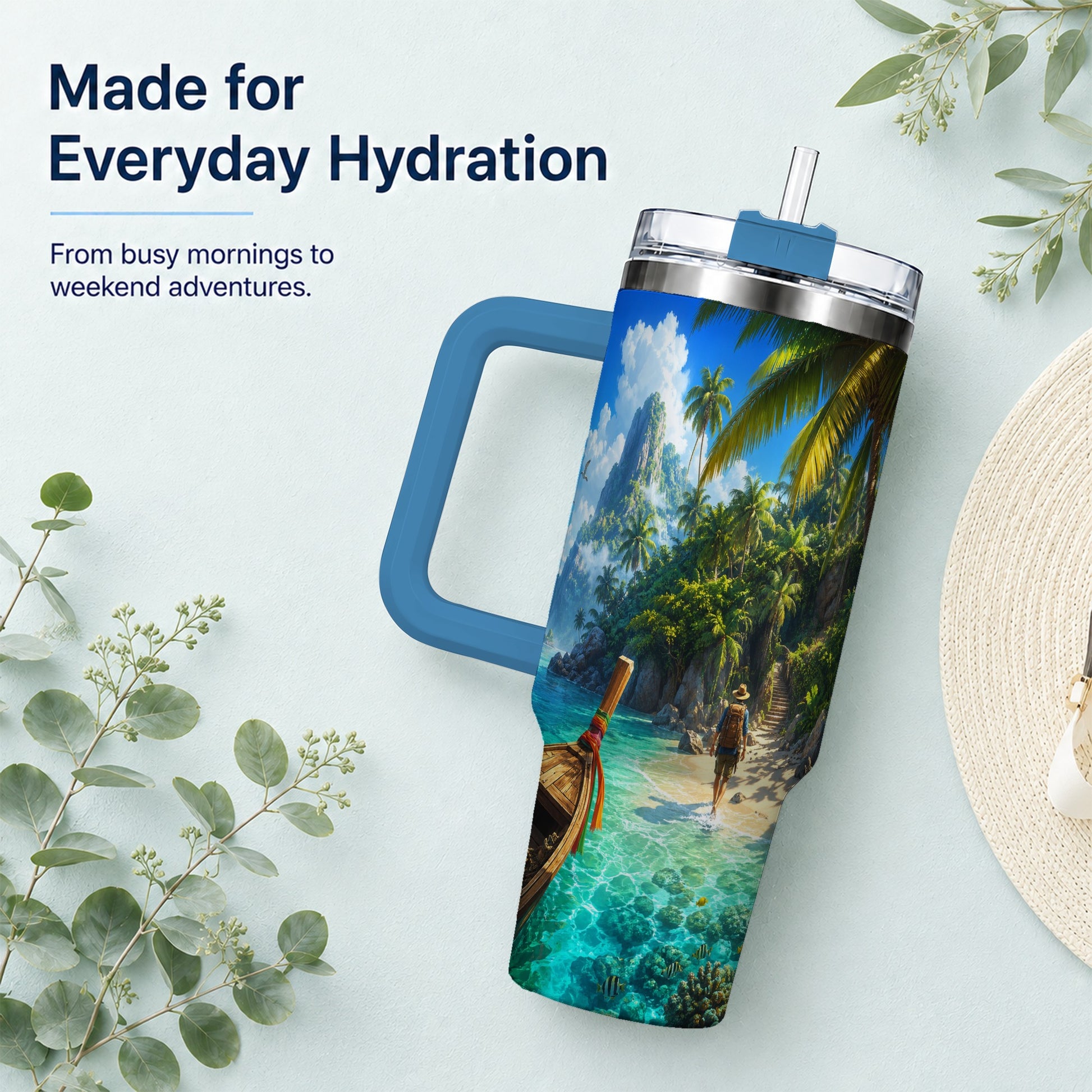 #pl[40oz|Blue] Tropical Island 40oz Tumbler with Handle, Lagoon Beach Adventure