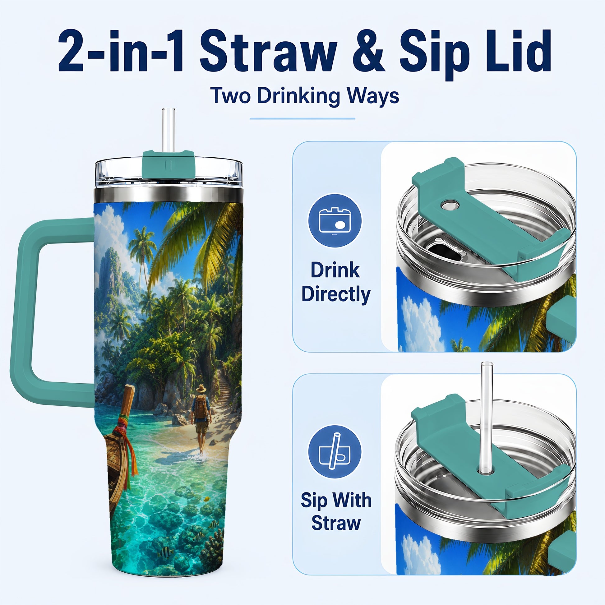 #pl[40oz|Green] Tropical Island 40oz Tumbler with Handle, Lagoon Beach Adventure
