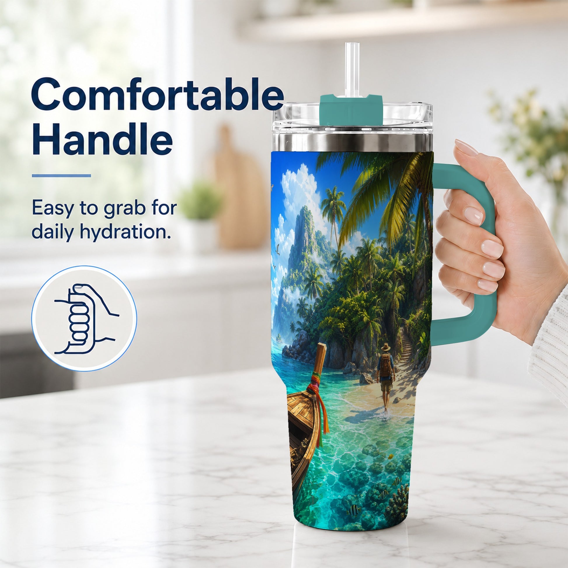 #pl[40oz|Green] Tropical Island 40oz Tumbler with Handle, Lagoon Beach Adventure
