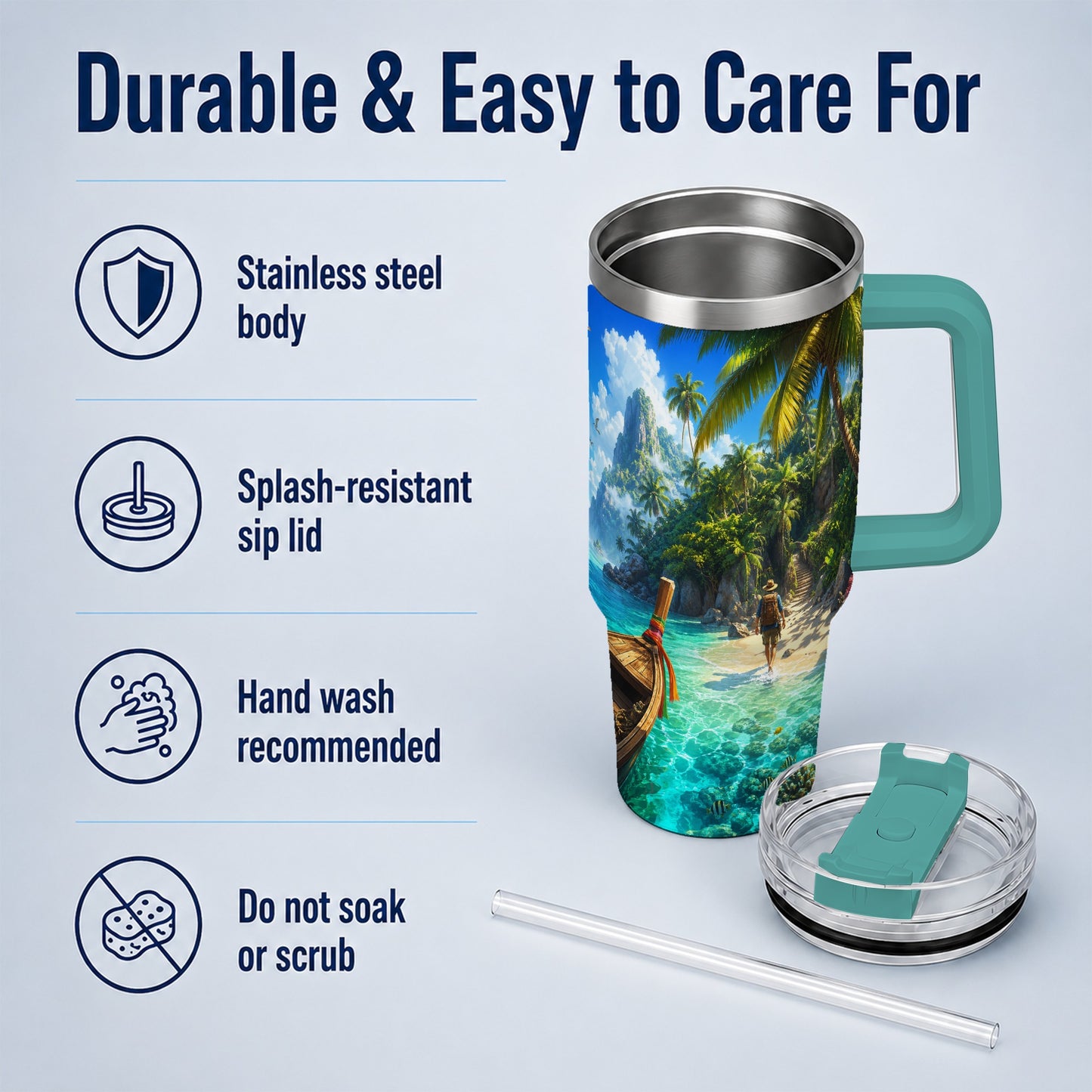 #pl[40oz|Green] Tropical Island 40oz Tumbler with Handle, Lagoon Beach Adventure