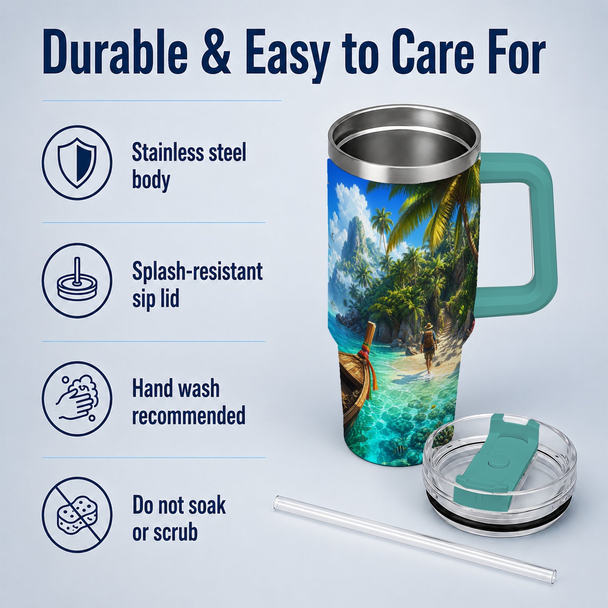 #pl[40oz|Green] Tropical Island 40oz Tumbler with Handle, Lagoon Beach Adventure