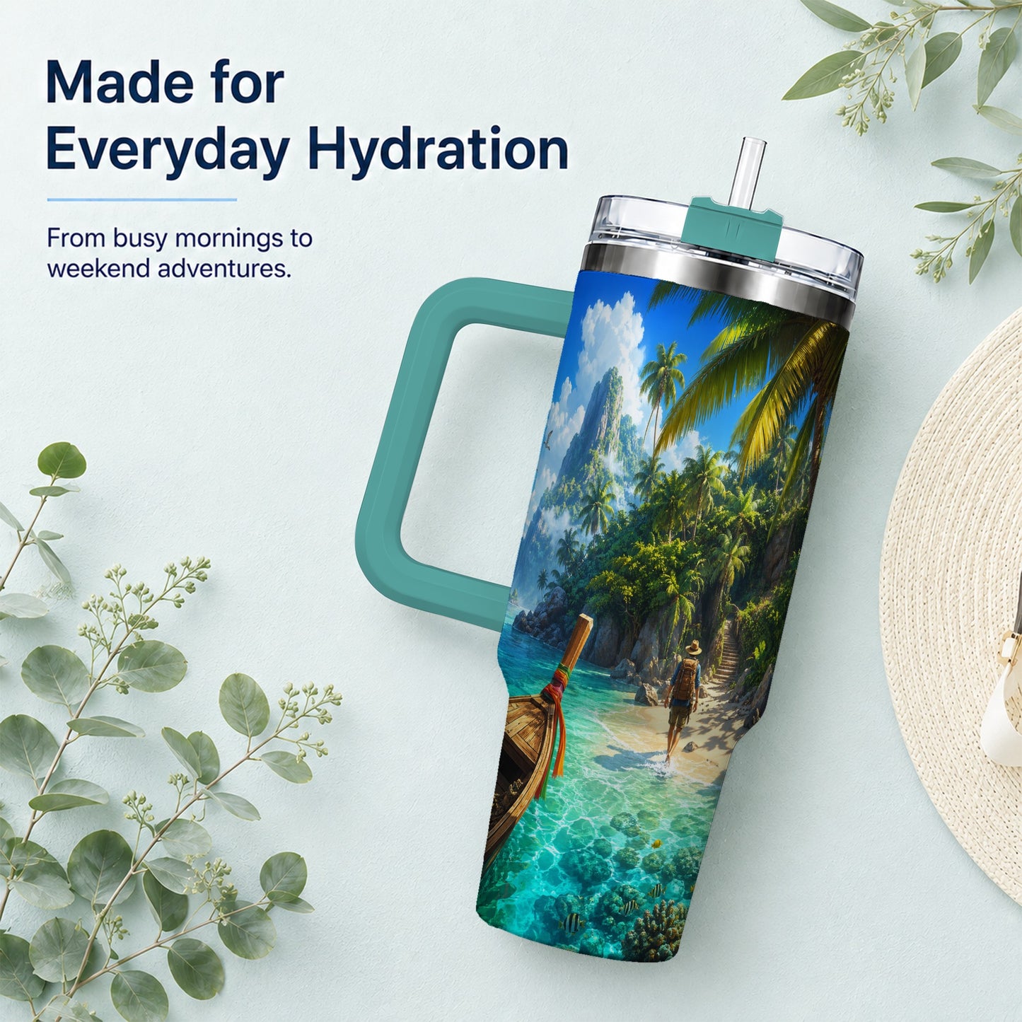 #pl[40oz|Green] Tropical Island 40oz Tumbler with Handle, Lagoon Beach Adventure