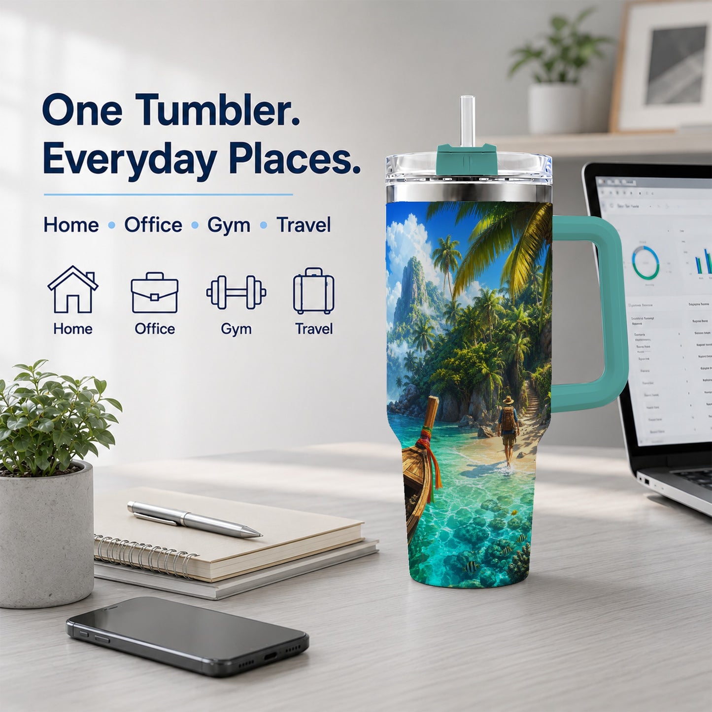 #pl[40oz|Green] Tropical Island 40oz Tumbler with Handle, Lagoon Beach Adventure