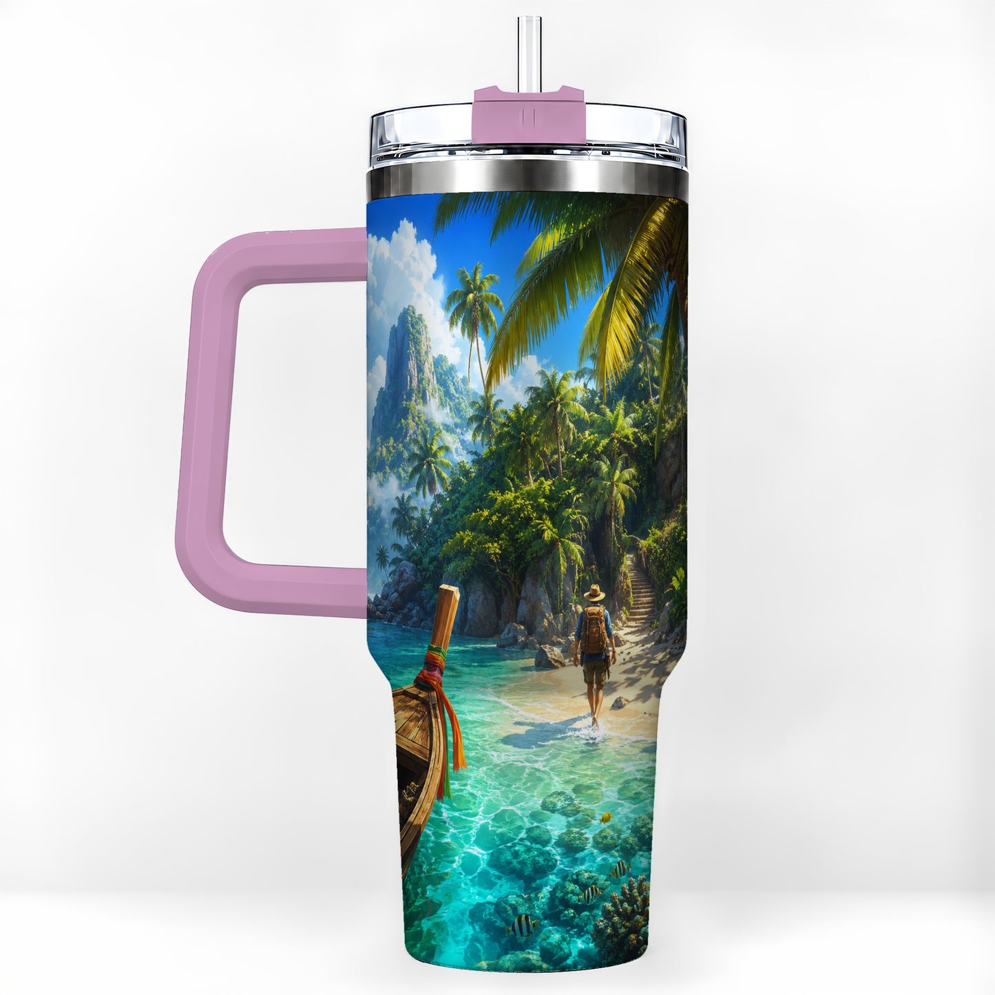 #pl[40oz|Pink] Tropical Island 40oz Tumbler with Handle, Lagoon Beach Adventure