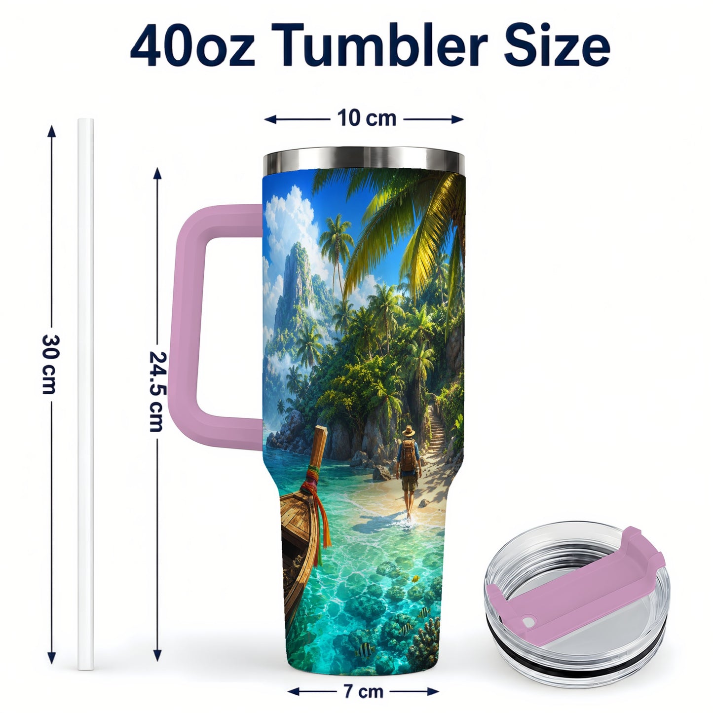 #pl[40oz|Pink] Tropical Island 40oz Tumbler with Handle, Lagoon Beach Adventure