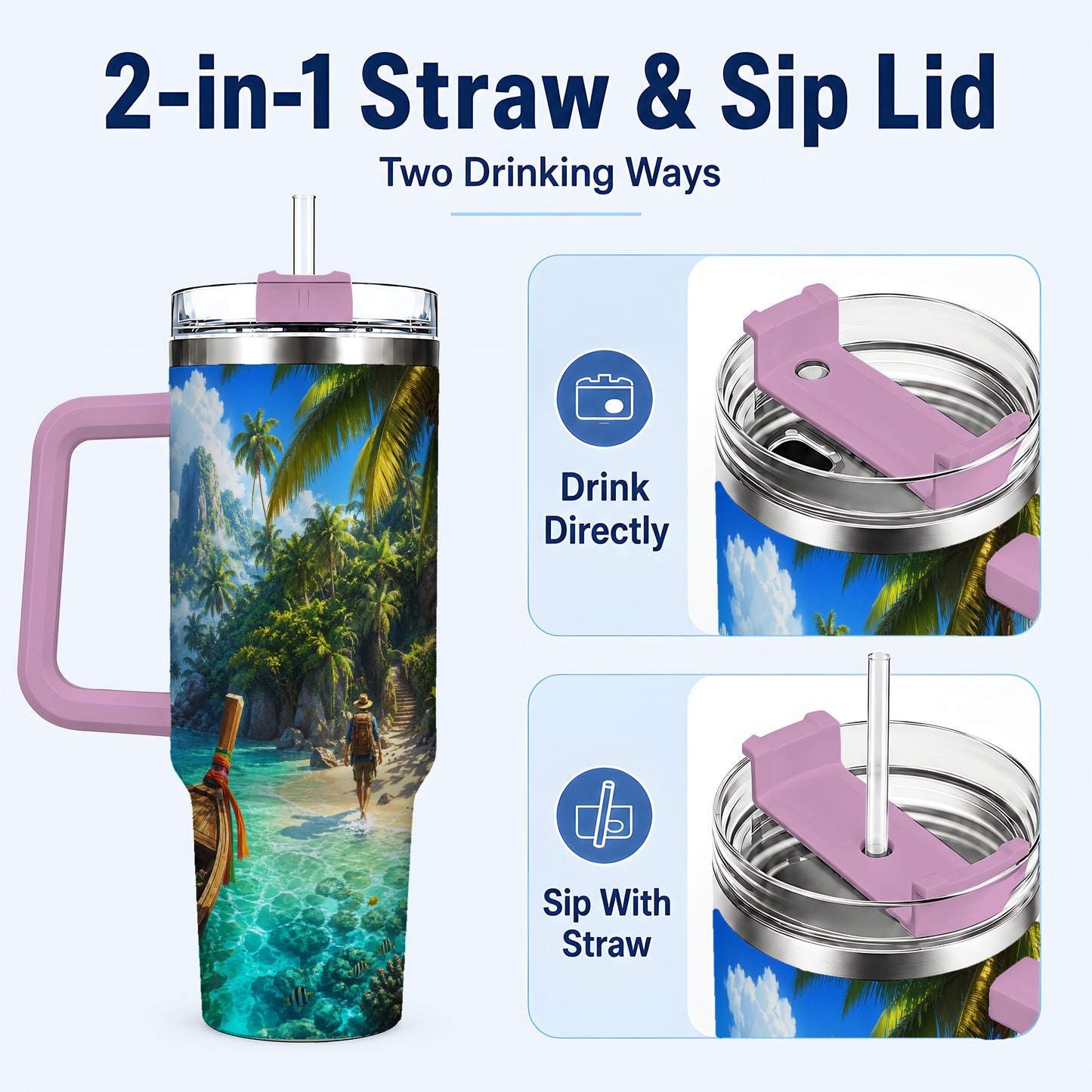 #pl[40oz|Pink] Tropical Island 40oz Tumbler with Handle, Lagoon Beach Adventure