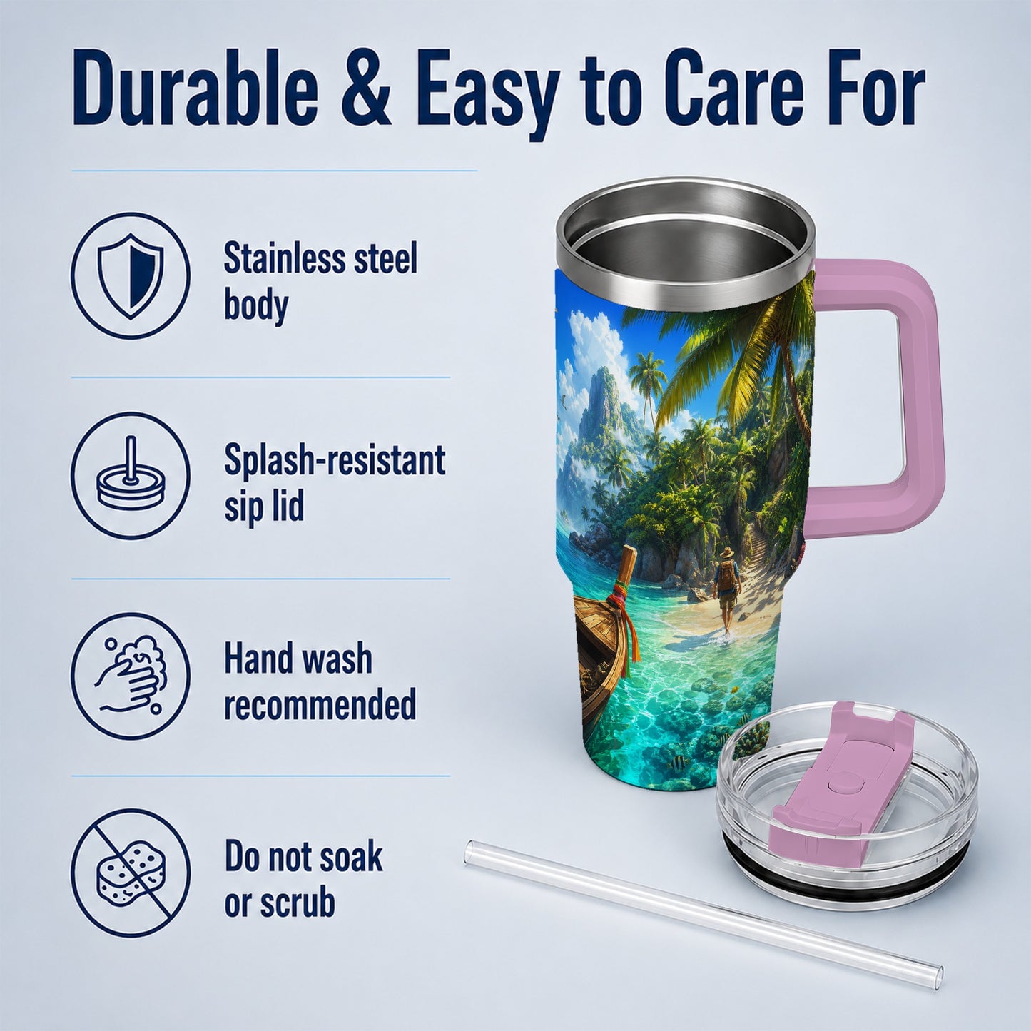 #pl[40oz|Pink] Tropical Island 40oz Tumbler with Handle, Lagoon Beach Adventure