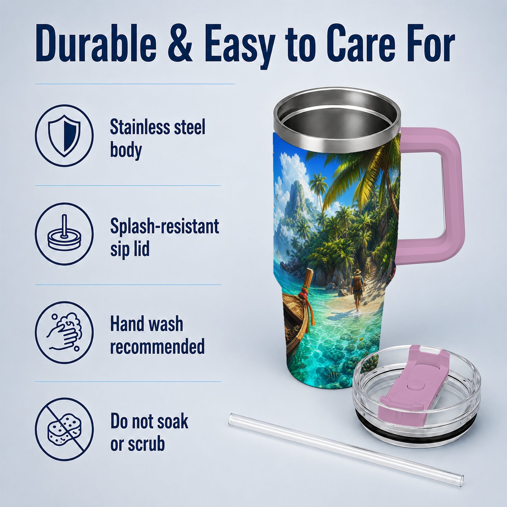 #pl[40oz|Pink] Tropical Island 40oz Tumbler with Handle, Lagoon Beach Adventure