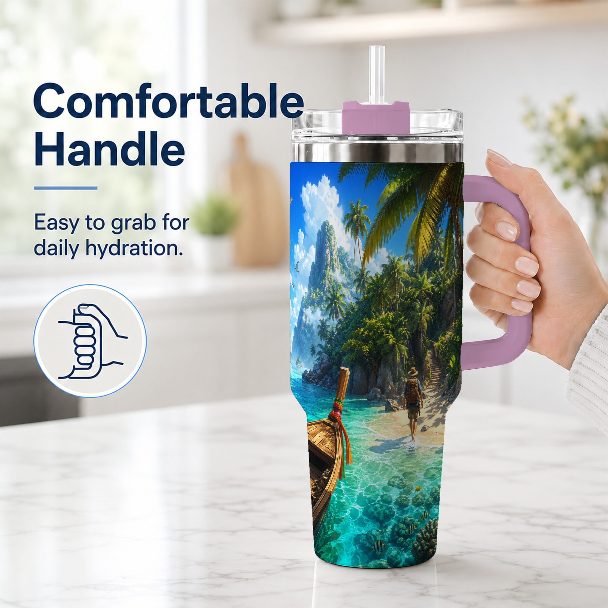 #pl[40oz|Pink] Tropical Island 40oz Tumbler with Handle, Lagoon Beach Adventure