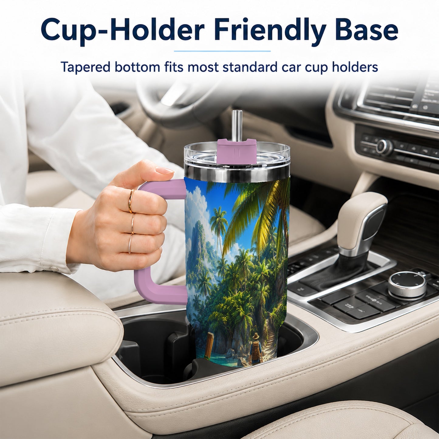 #pl[40oz|Pink] Tropical Island 40oz Tumbler with Handle, Lagoon Beach Adventure