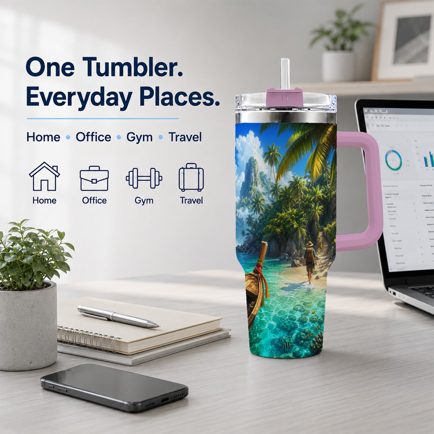 #pl[40oz|Pink] Tropical Island 40oz Tumbler with Handle, Lagoon Beach Adventure