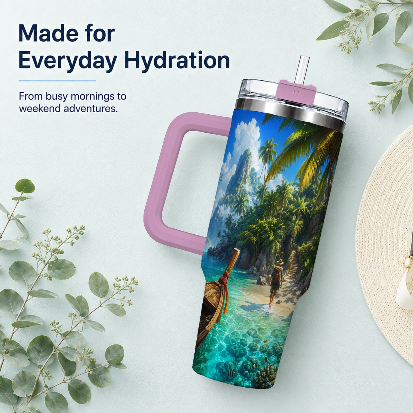 #pl[40oz|Pink] Tropical Island 40oz Tumbler with Handle, Lagoon Beach Adventure