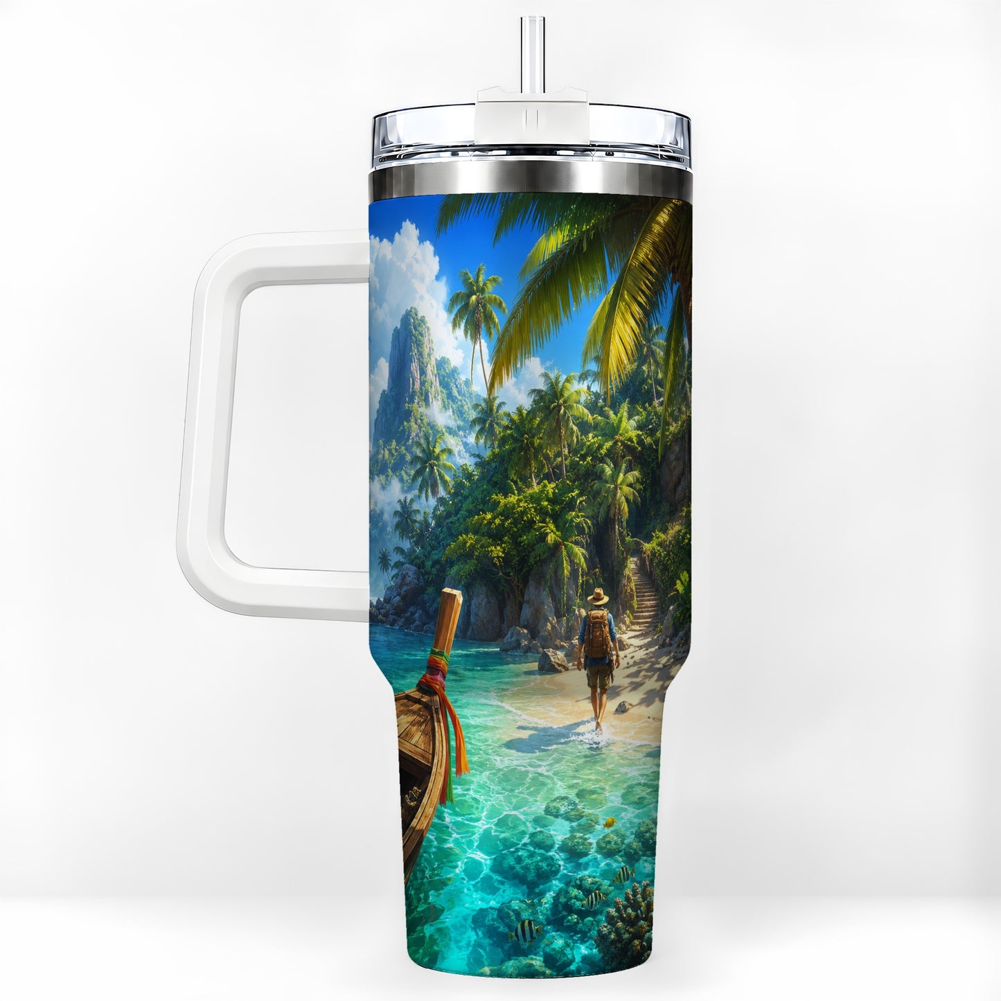Tropical Island 40oz Tumbler with Handle, Lagoon Beach Adventure
