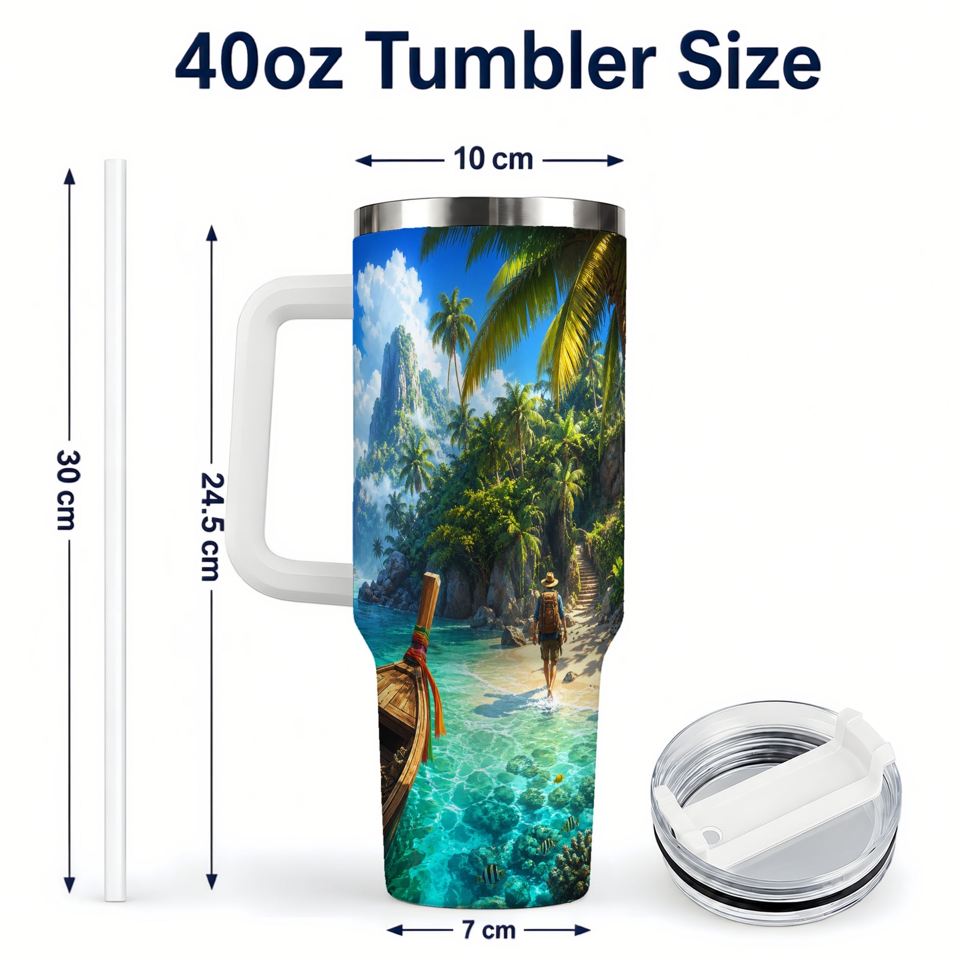 #pl[40oz|White] Tropical Island 40oz Tumbler with Handle, Lagoon Beach Adventure