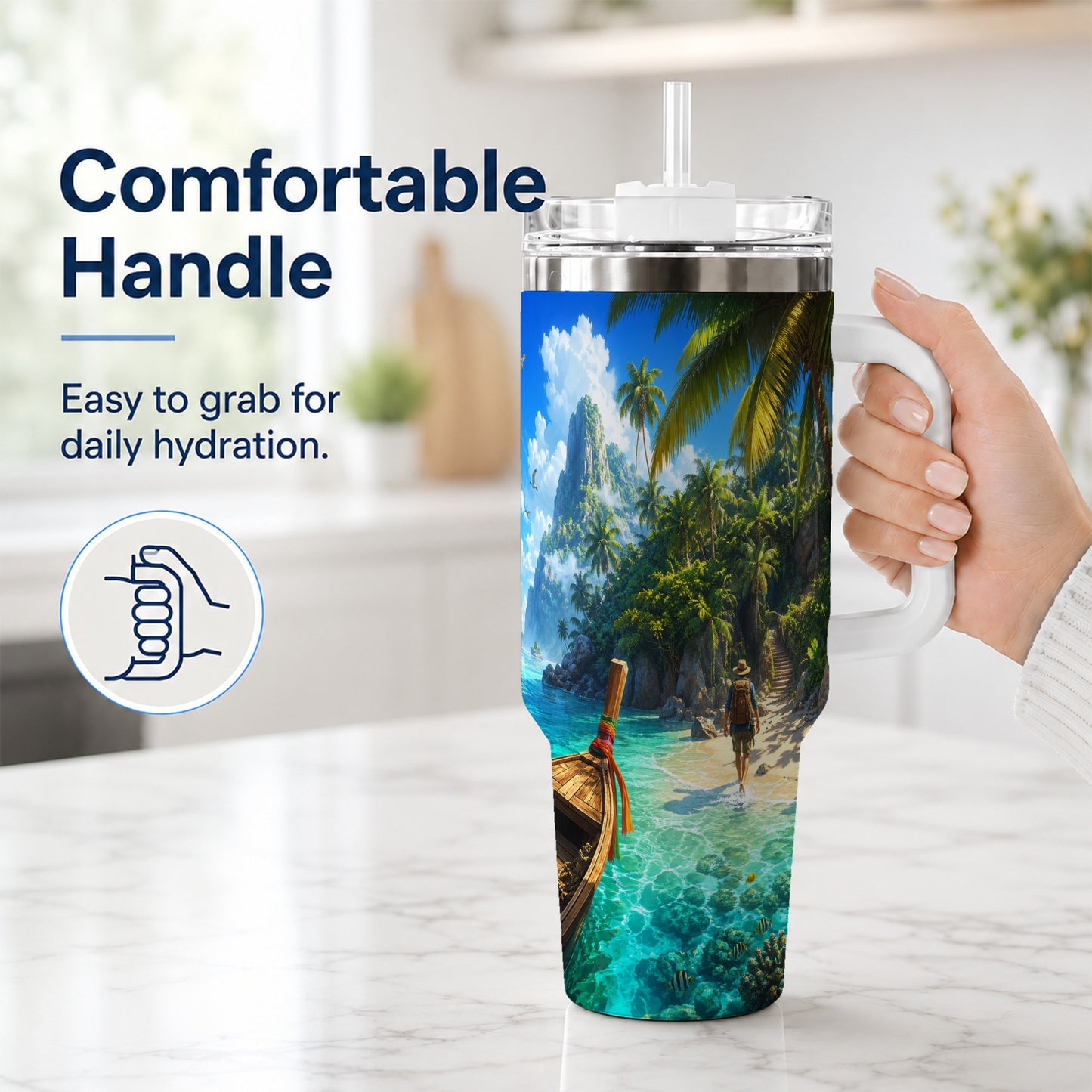 #pl[40oz|White] Tropical Island 40oz Tumbler with Handle, Lagoon Beach Adventure