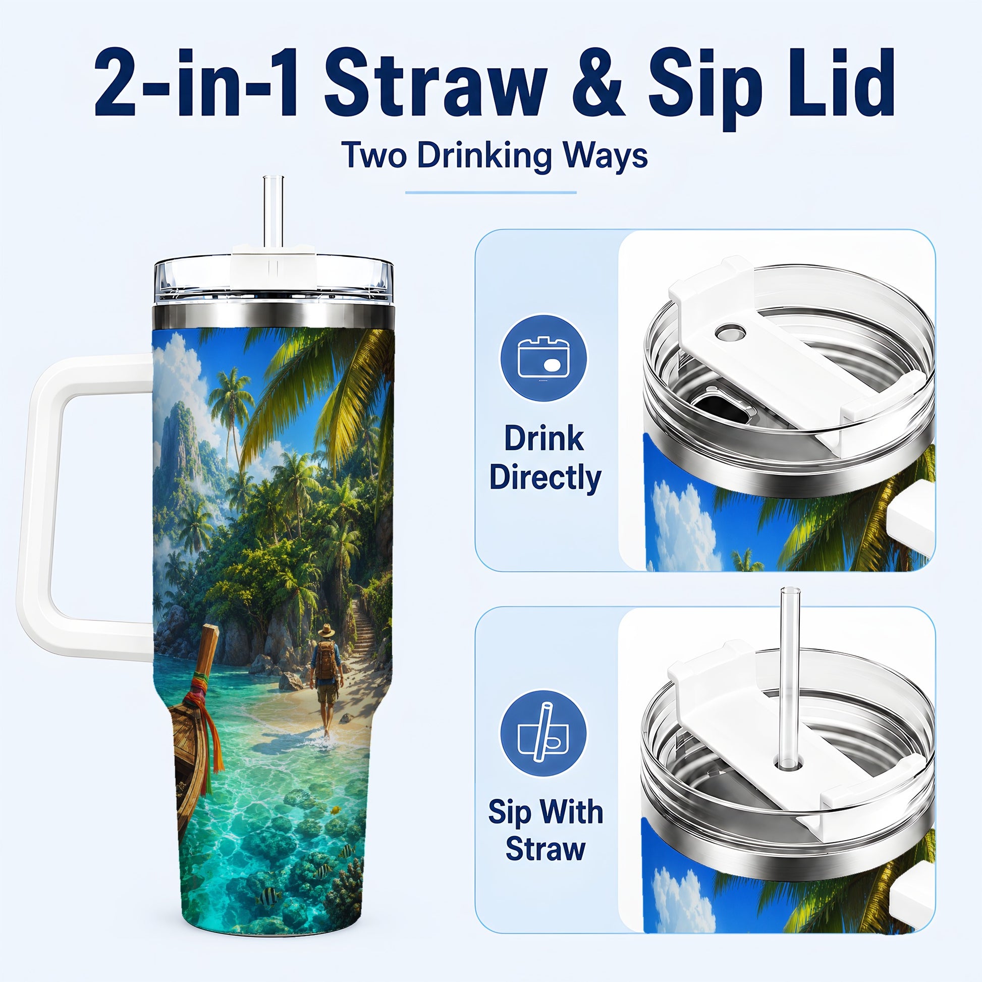 #pl[40oz|White] Tropical Island 40oz Tumbler with Handle, Lagoon Beach Adventure