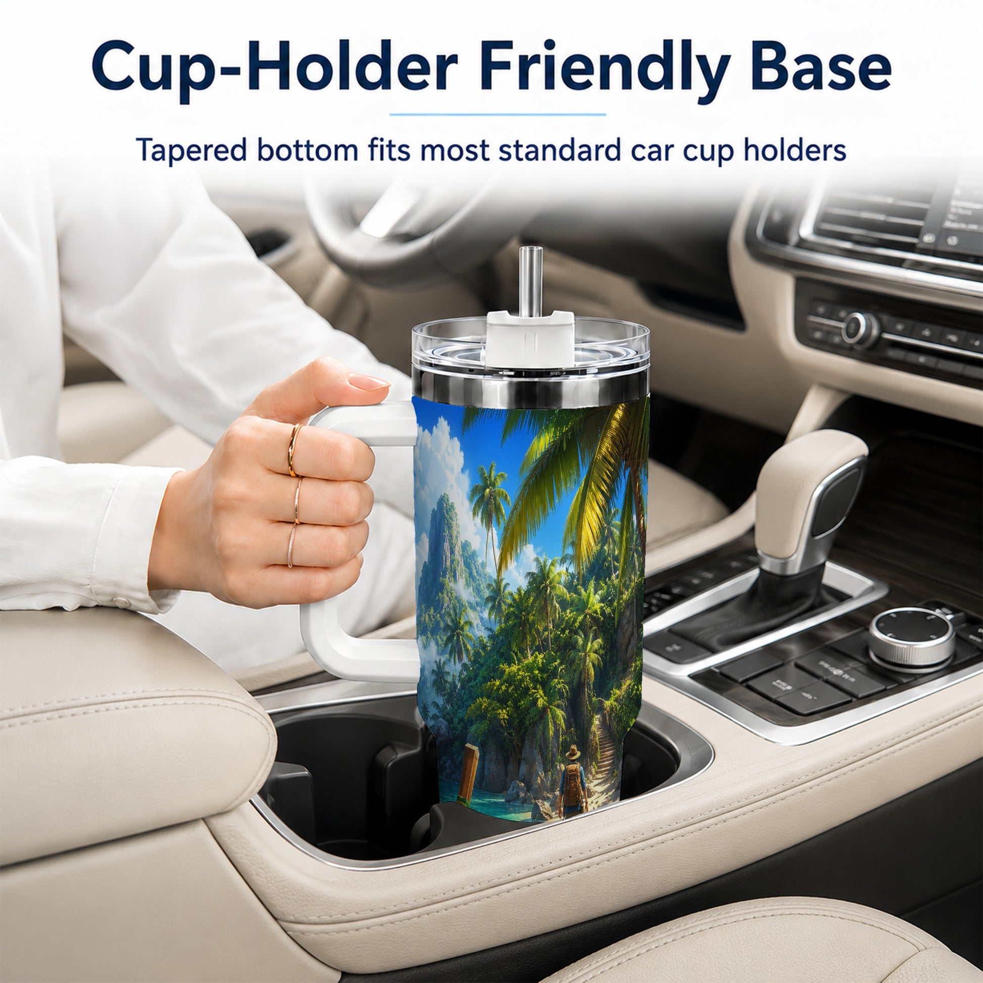 #pl[40oz|White] Tropical Island 40oz Tumbler with Handle, Lagoon Beach Adventure