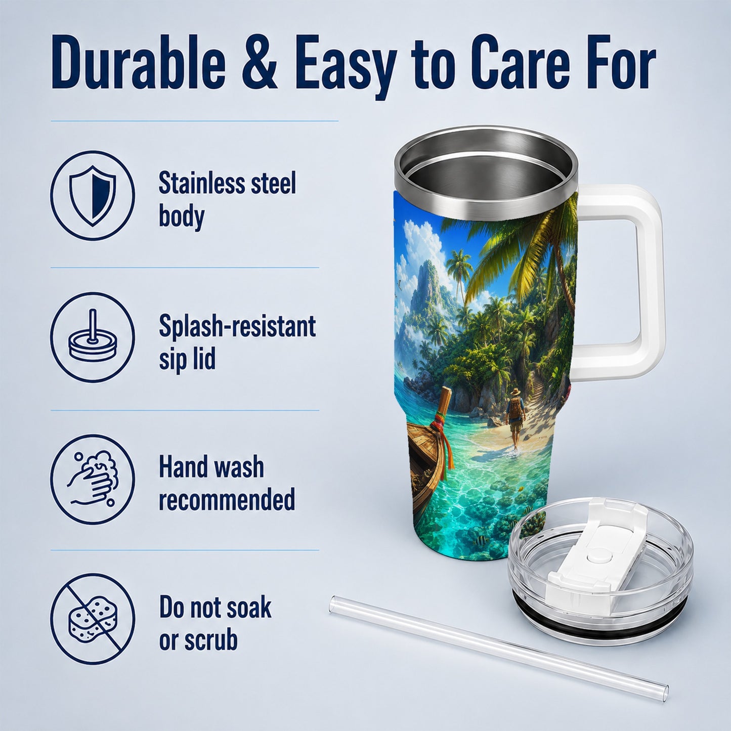 #pl[40oz|White] Tropical Island 40oz Tumbler with Handle, Lagoon Beach Adventure