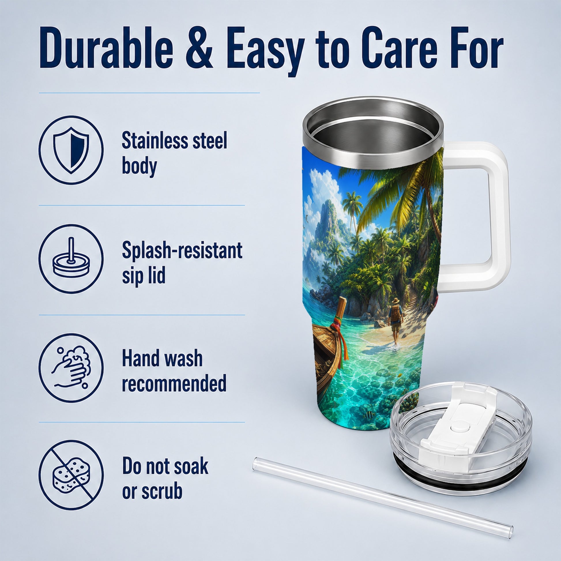 #pl[40oz|White] Tropical Island 40oz Tumbler with Handle, Lagoon Beach Adventure