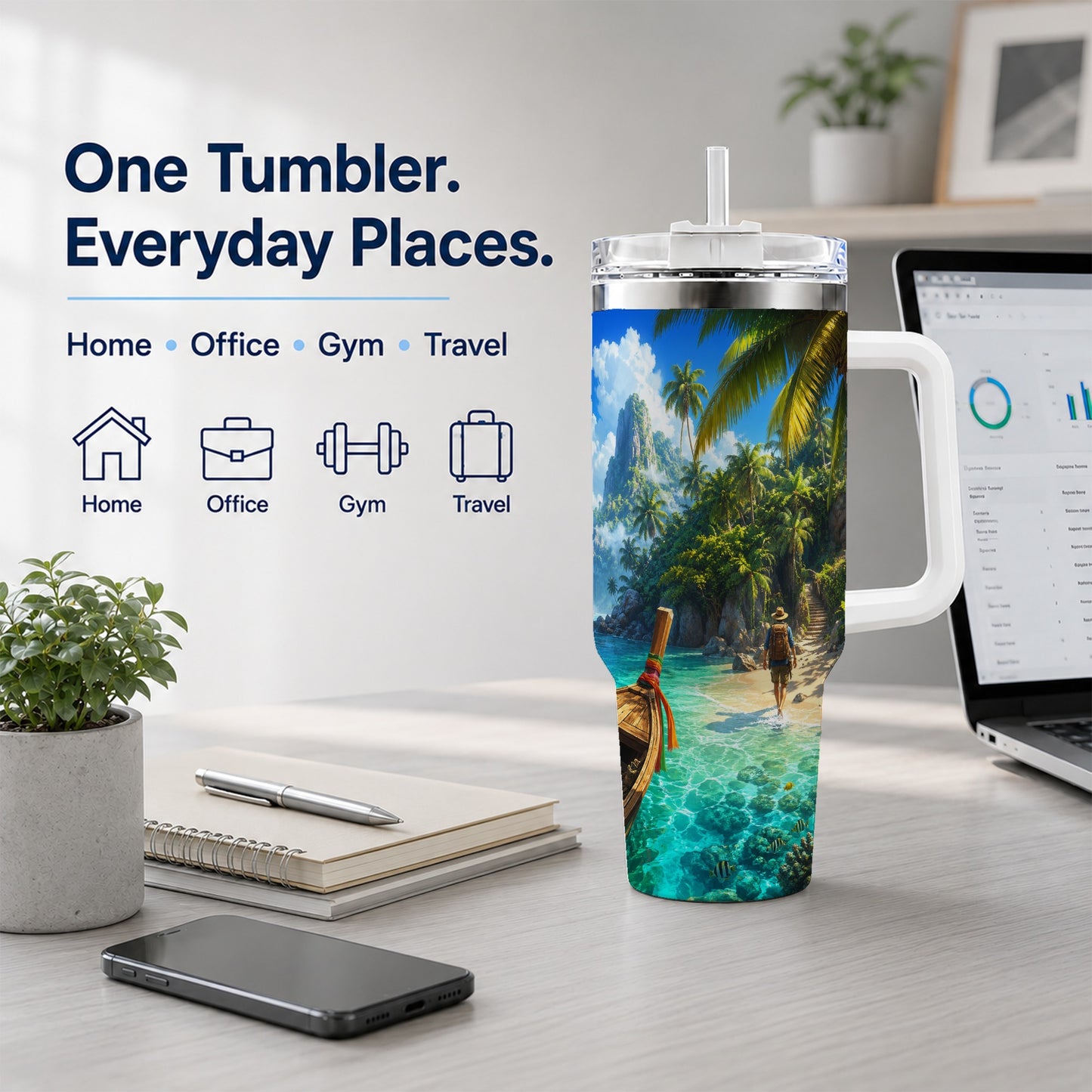 #pl[40oz|White] Tropical Island 40oz Tumbler with Handle, Lagoon Beach Adventure
