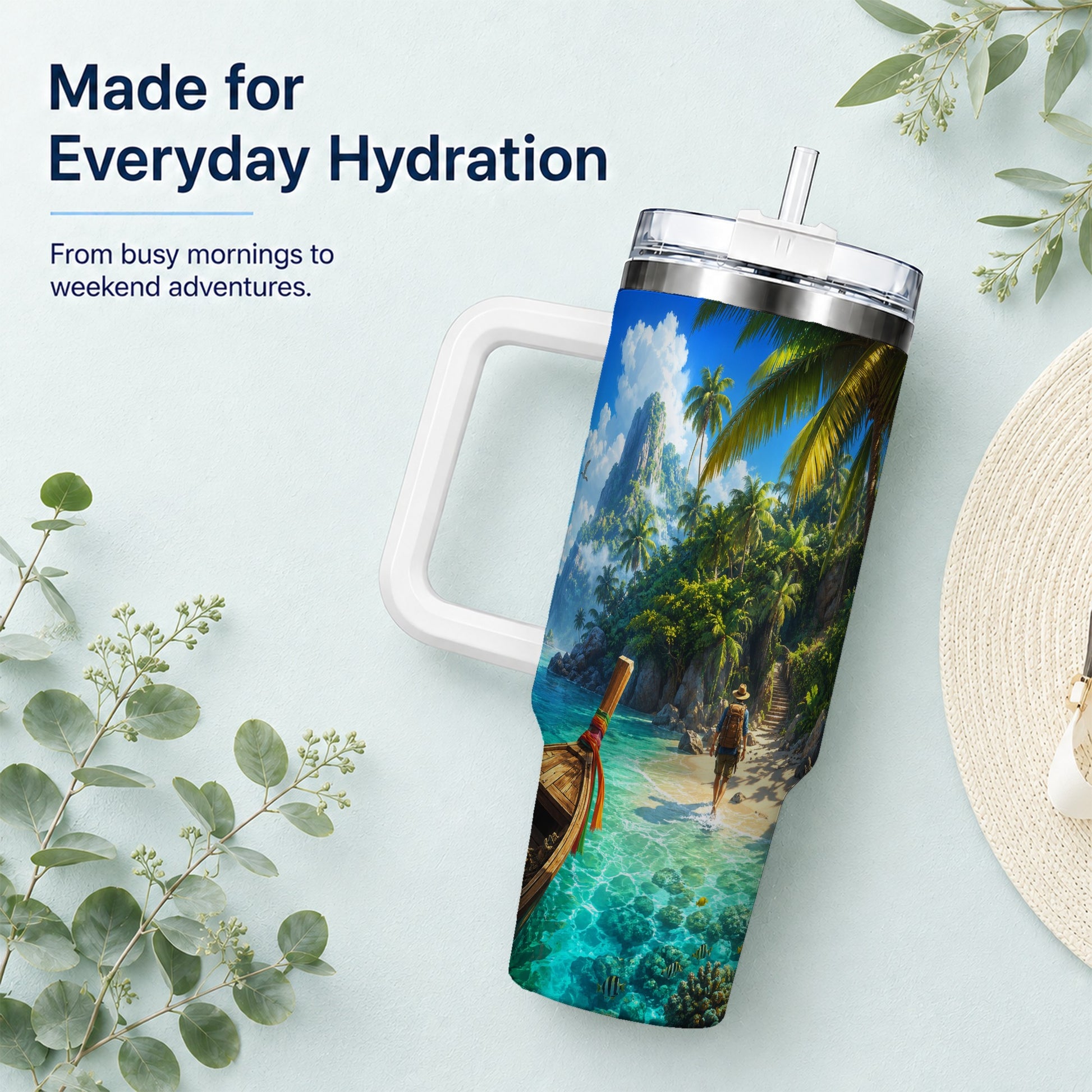 #pl[40oz|White] Tropical Island 40oz Tumbler with Handle, Lagoon Beach Adventure