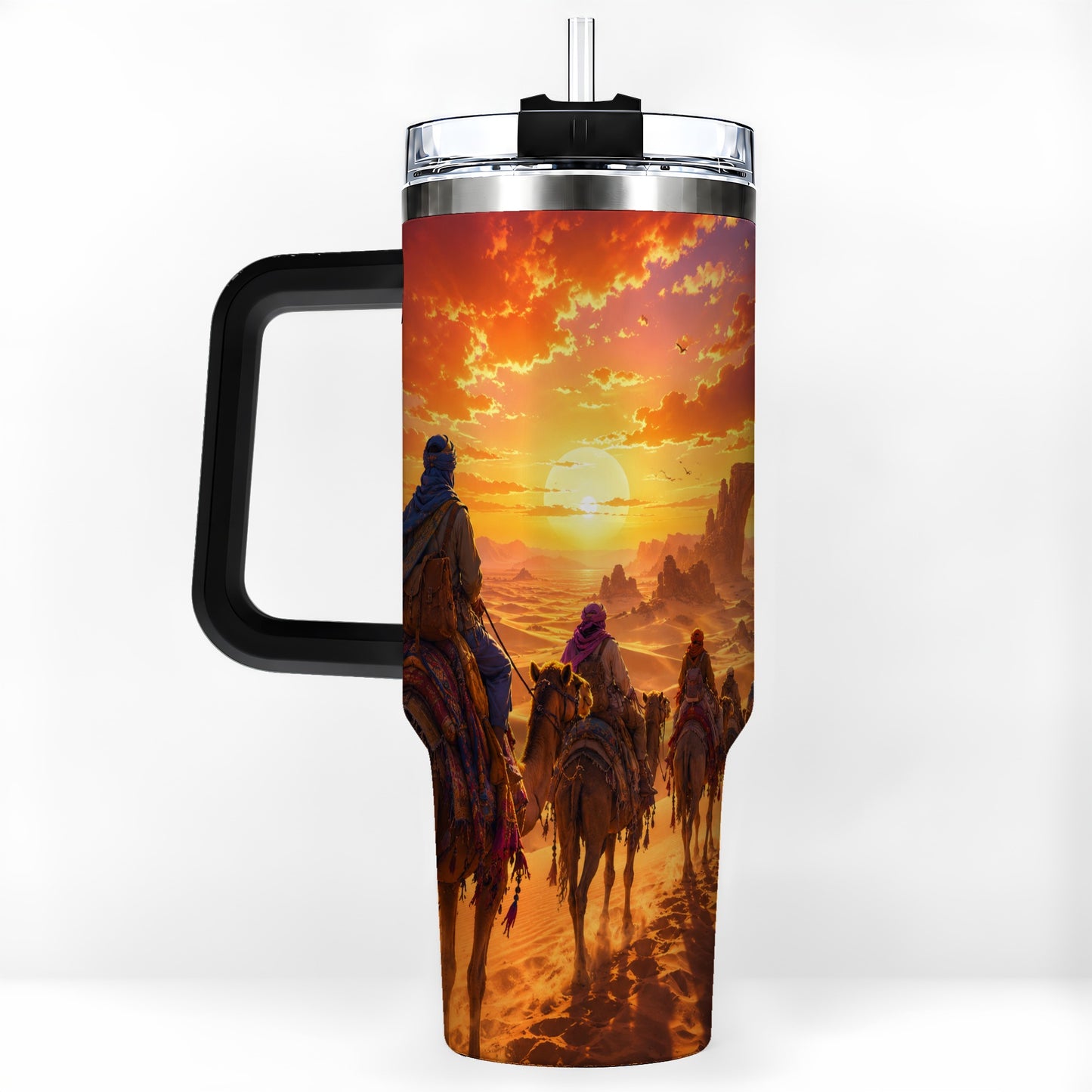 #pl[40oz|Black] Desert Caravan 40oz Tumbler with Handle, Camel Sunset Adventure