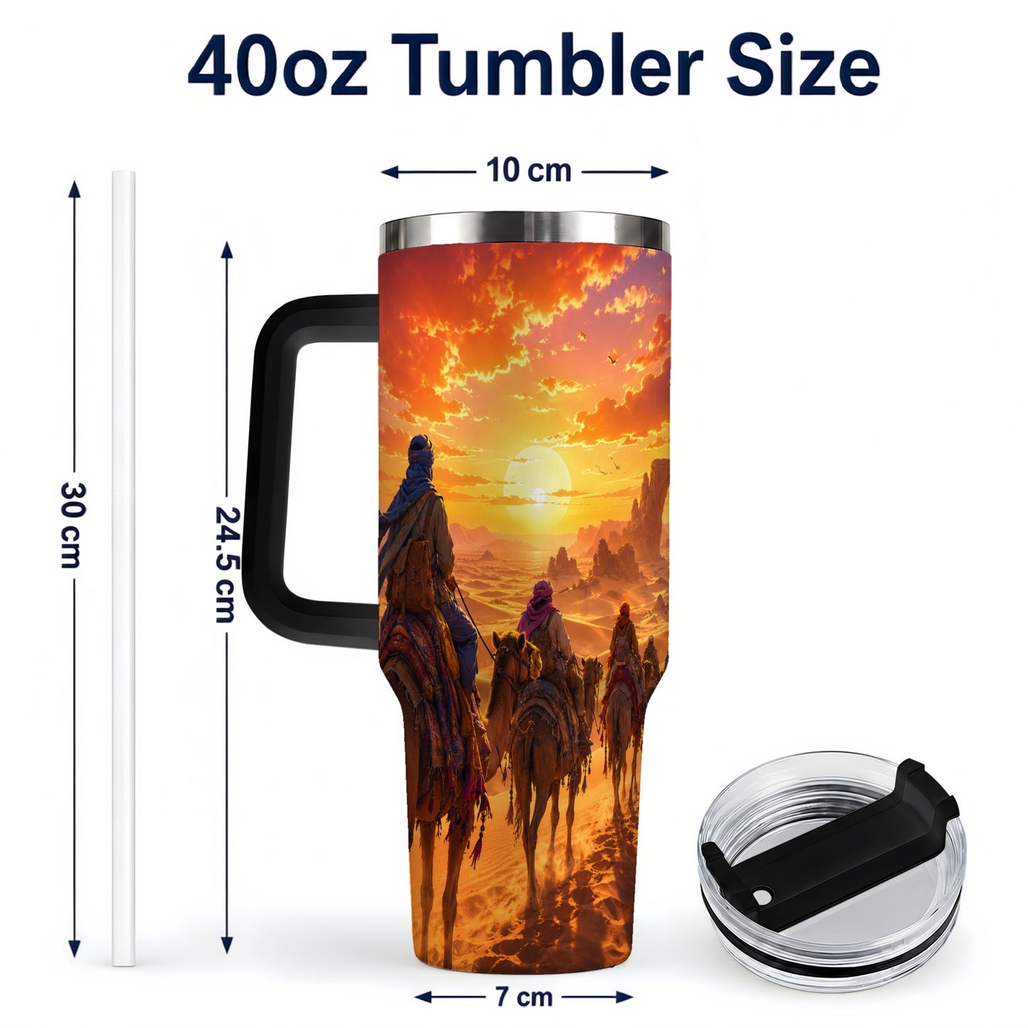 #pl[40oz|Black] Desert Caravan 40oz Tumbler with Handle, Camel Sunset Adventure