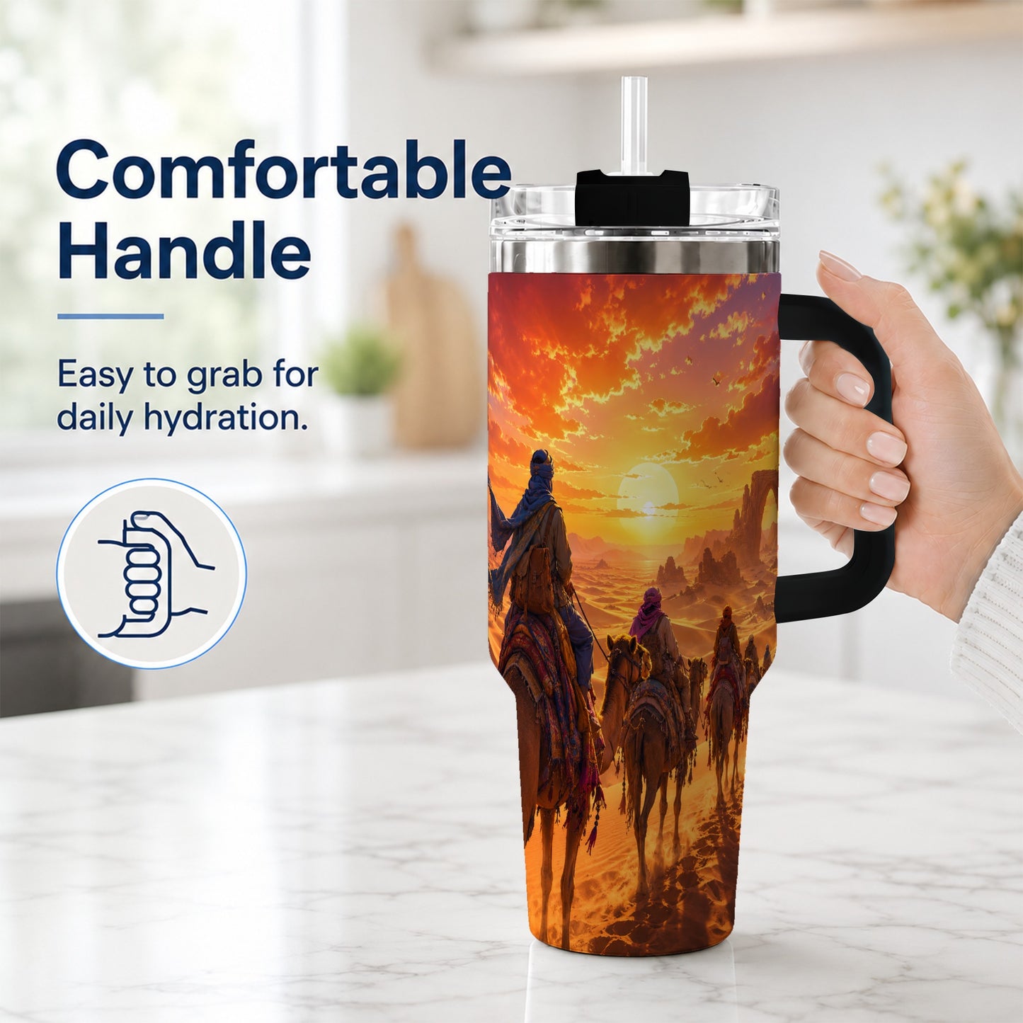 #pl[40oz|Black] Desert Caravan 40oz Tumbler with Handle, Camel Sunset Adventure