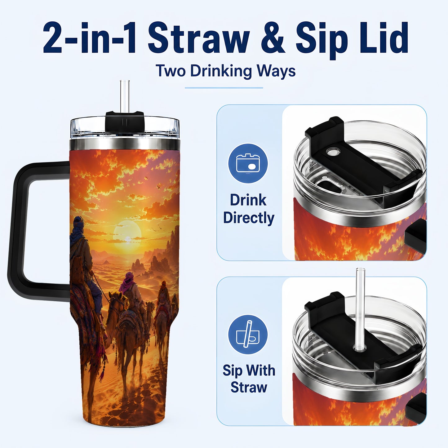 #pl[40oz|Black] Desert Caravan 40oz Tumbler with Handle, Camel Sunset Adventure