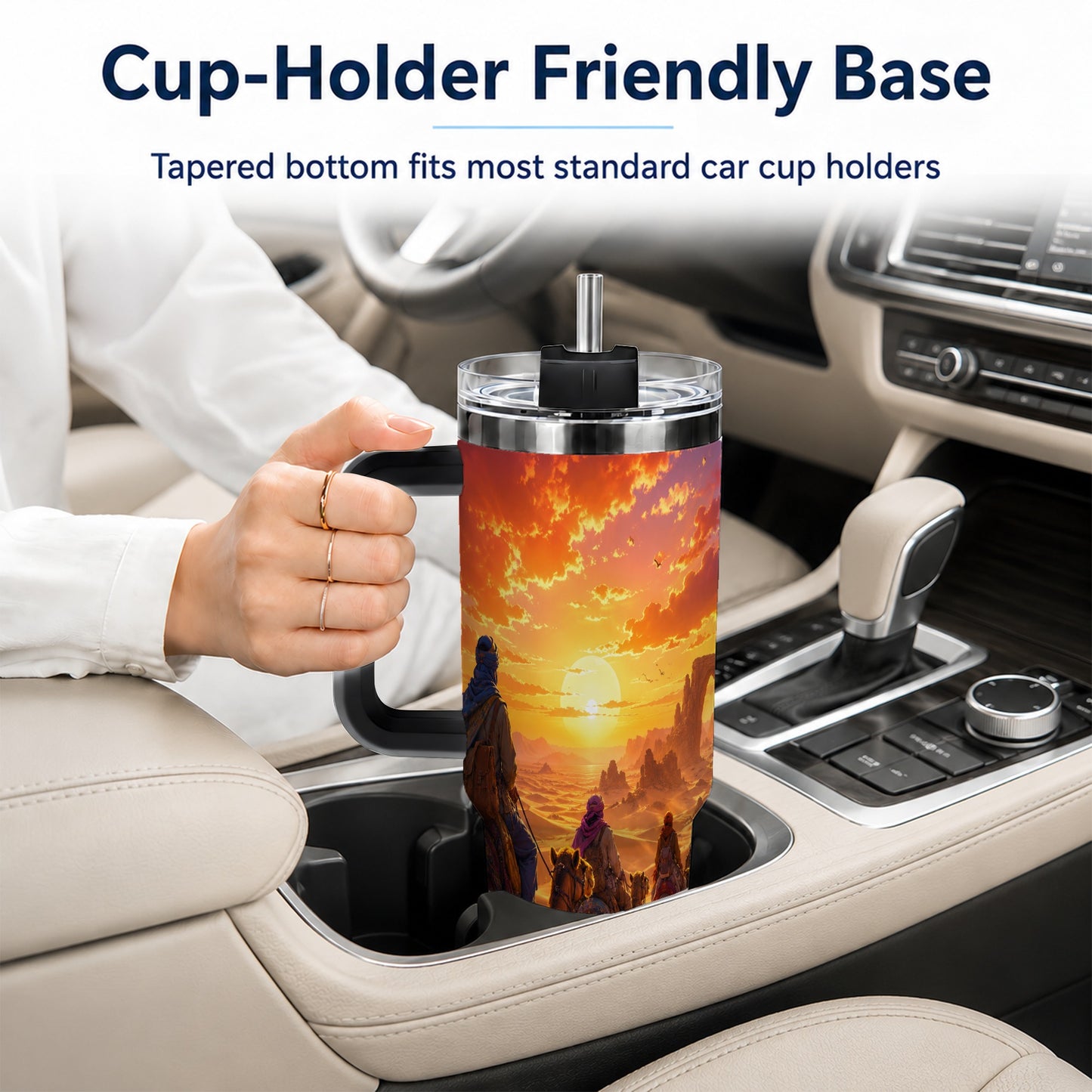#pl[40oz|Black] Desert Caravan 40oz Tumbler with Handle, Camel Sunset Adventure