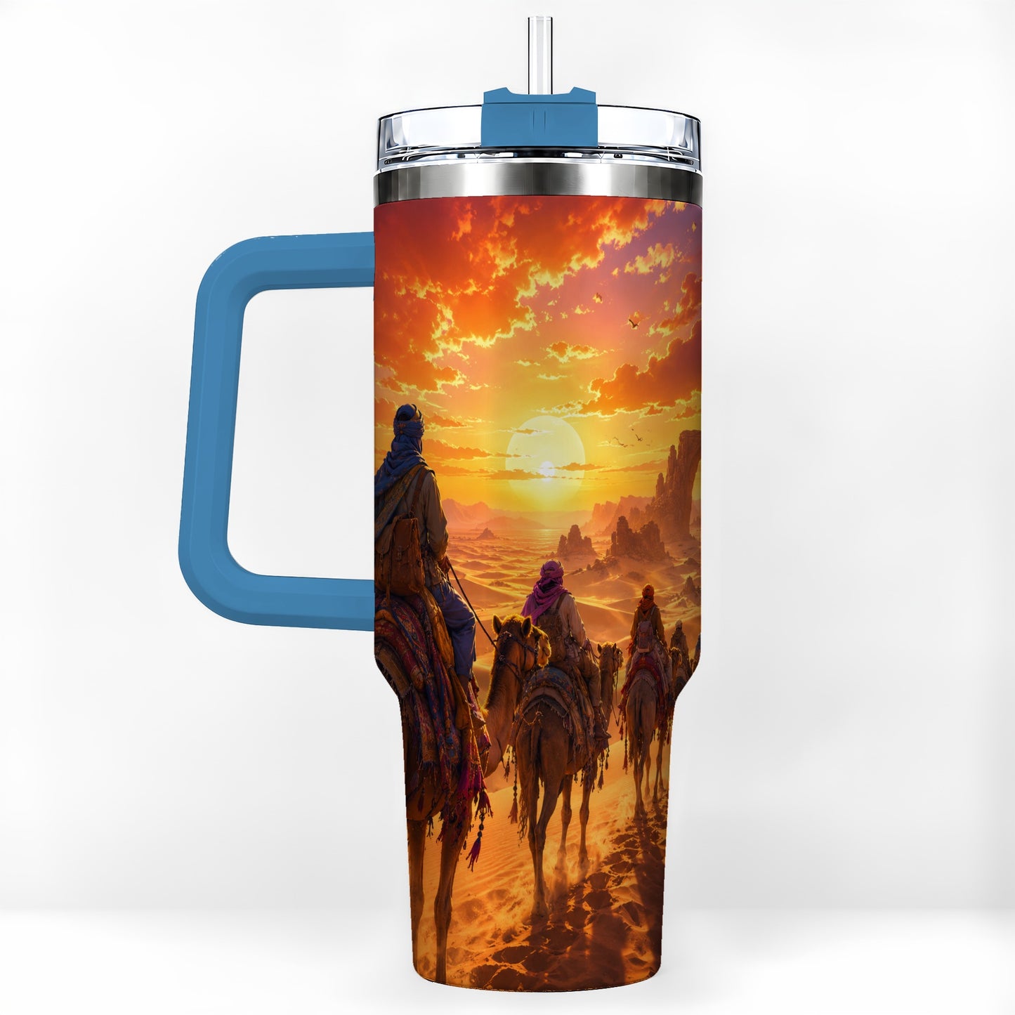 #pl[40oz|Blue] Desert Caravan 40oz Tumbler with Handle, Camel Sunset Adventure