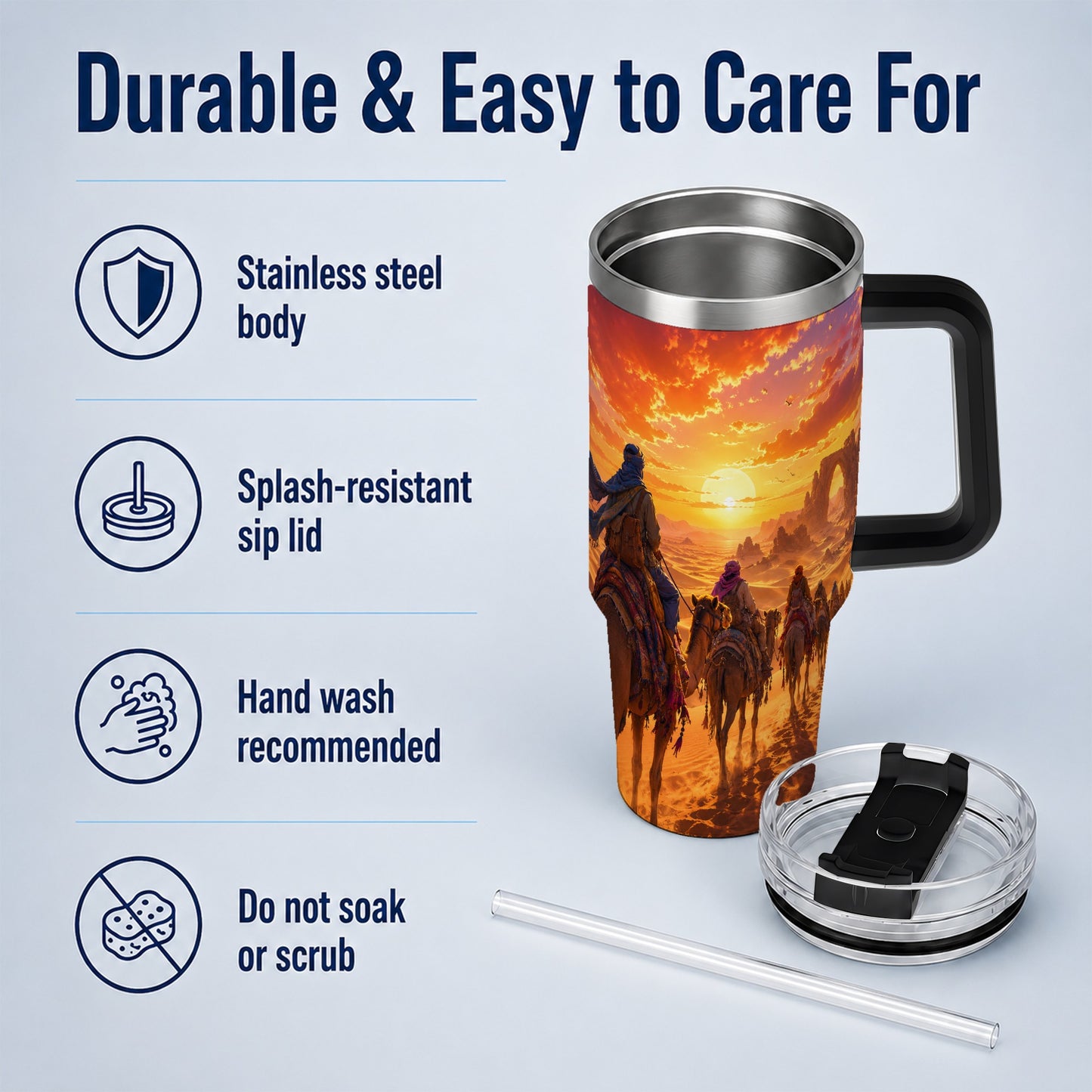 #pl[40oz|Black] Desert Caravan 40oz Tumbler with Handle, Camel Sunset Adventure