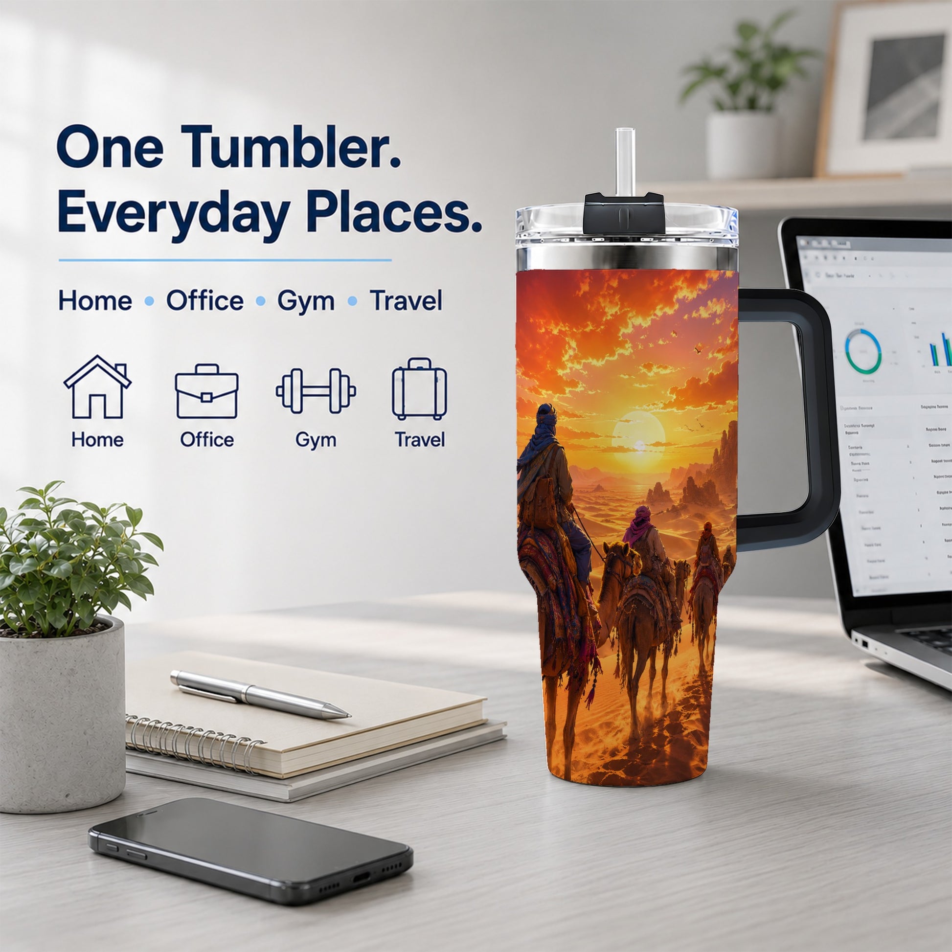#pl[40oz|Black] Desert Caravan 40oz Tumbler with Handle, Camel Sunset Adventure
