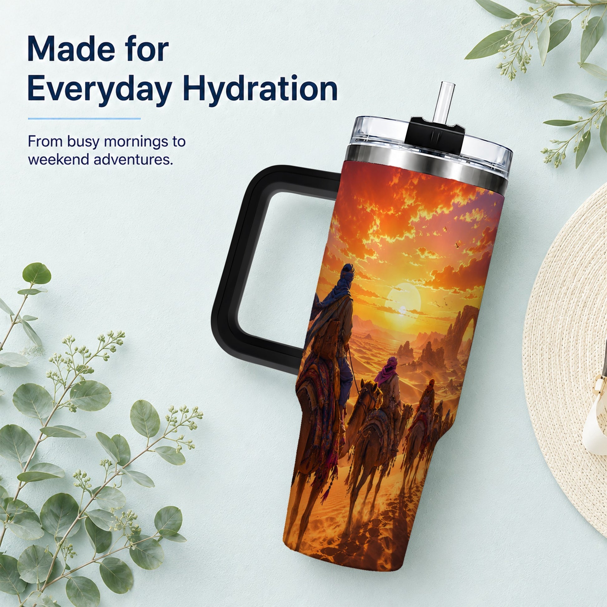 #pl[40oz|Black] Desert Caravan 40oz Tumbler with Handle, Camel Sunset Adventure