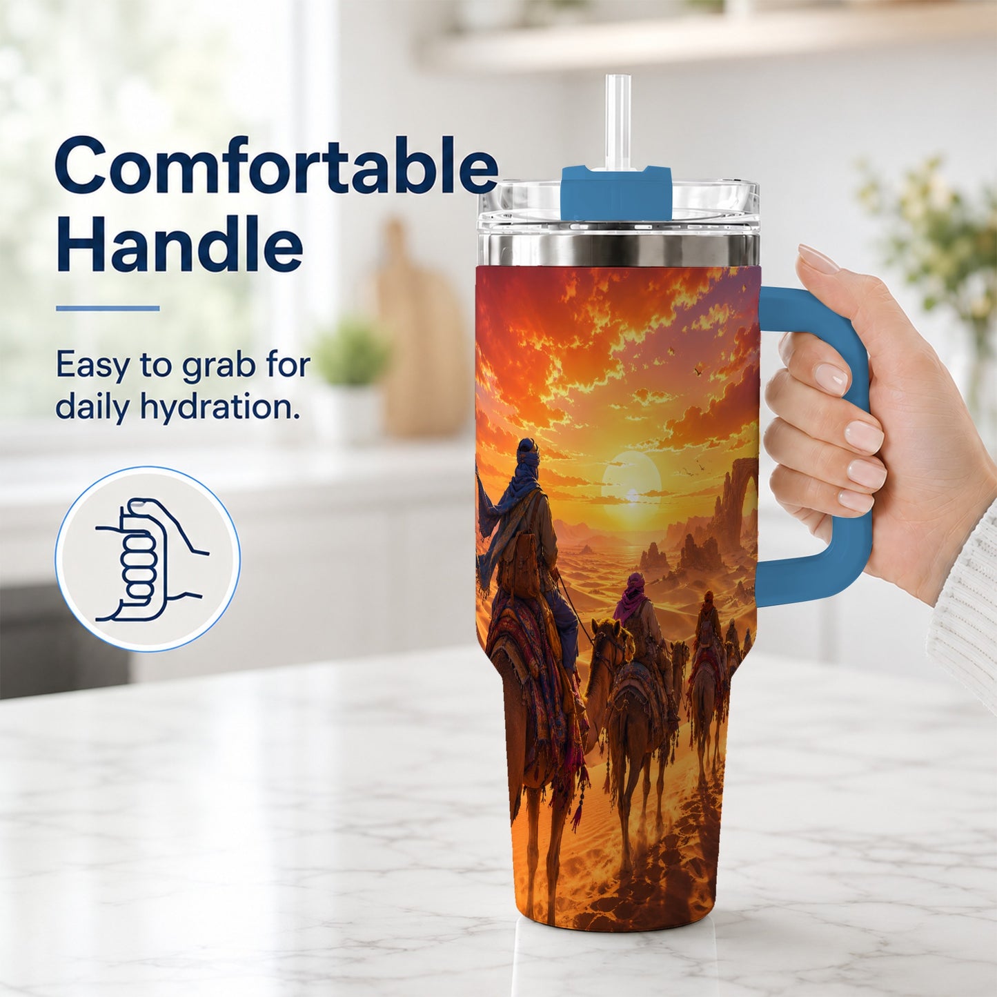 #pl[40oz|Blue] Desert Caravan 40oz Tumbler with Handle, Camel Sunset Adventure