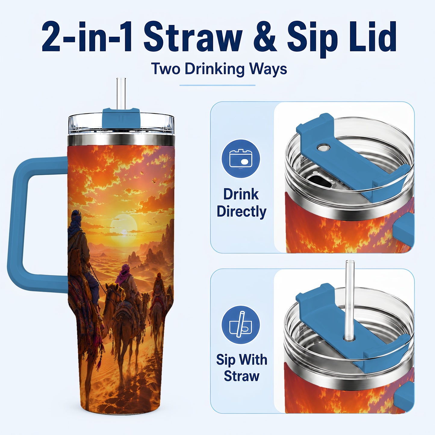#pl[40oz|Blue] Desert Caravan 40oz Tumbler with Handle, Camel Sunset Adventure