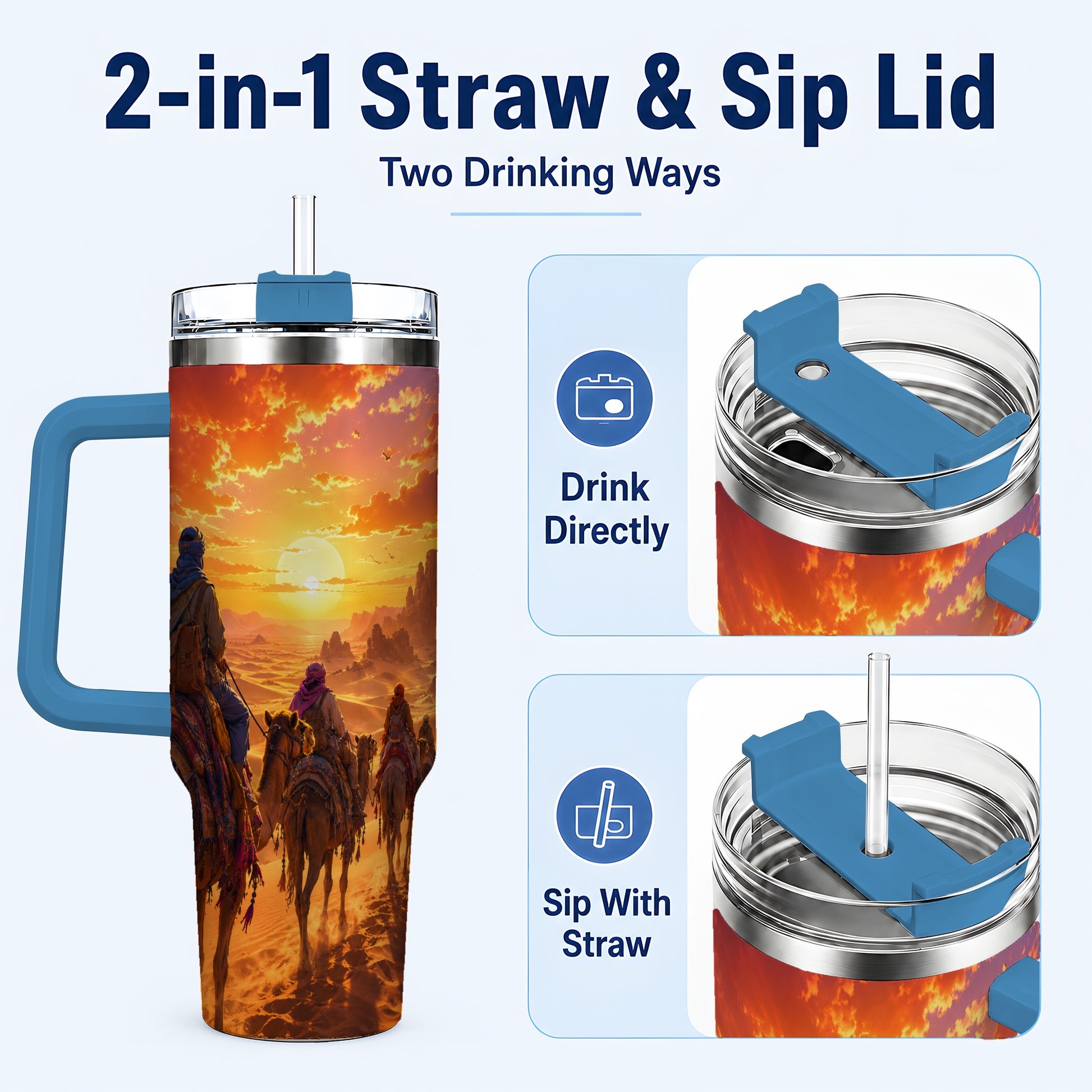#pl[40oz|Blue] Desert Caravan 40oz Tumbler with Handle, Camel Sunset Adventure