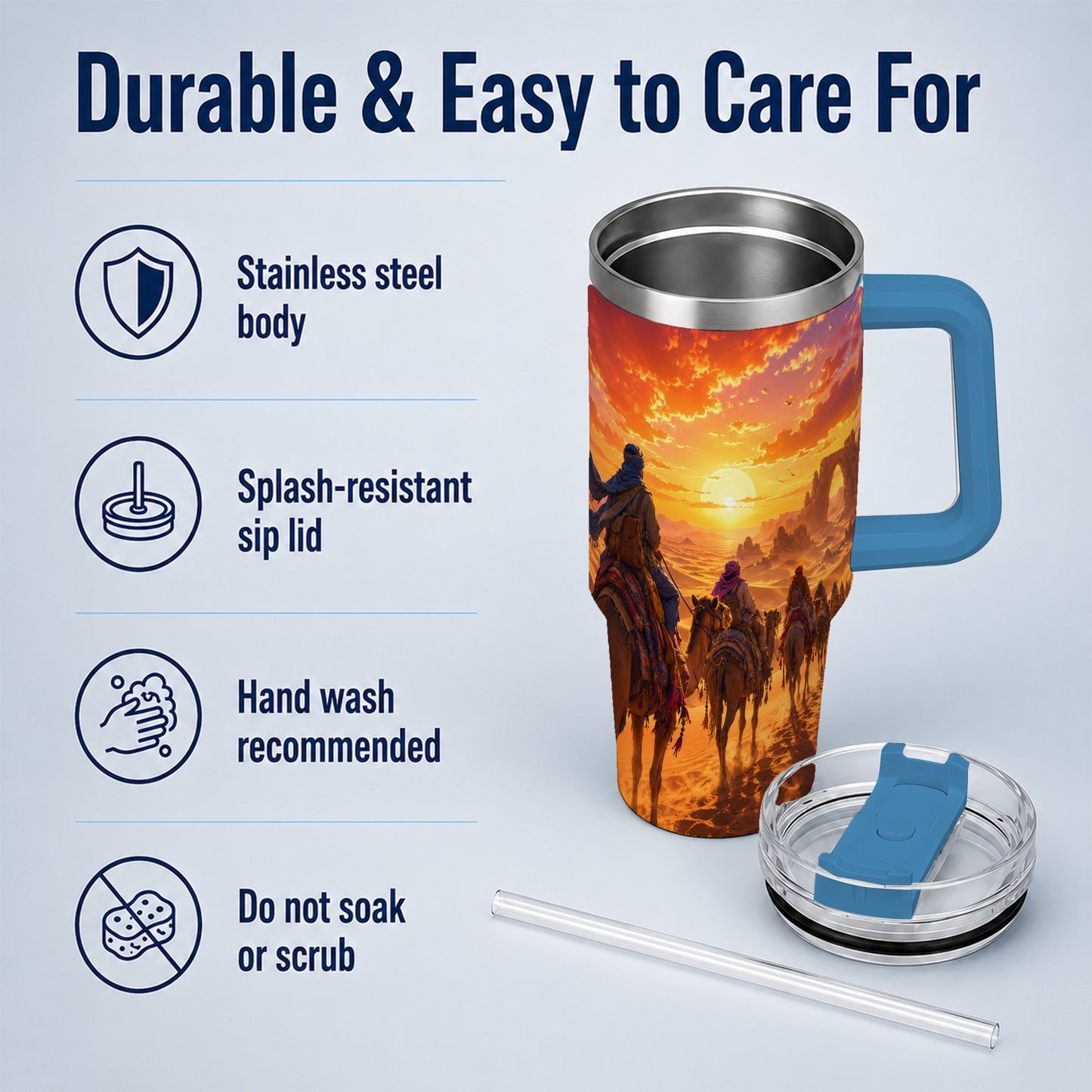 #pl[40oz|Blue] Desert Caravan 40oz Tumbler with Handle, Camel Sunset Adventure