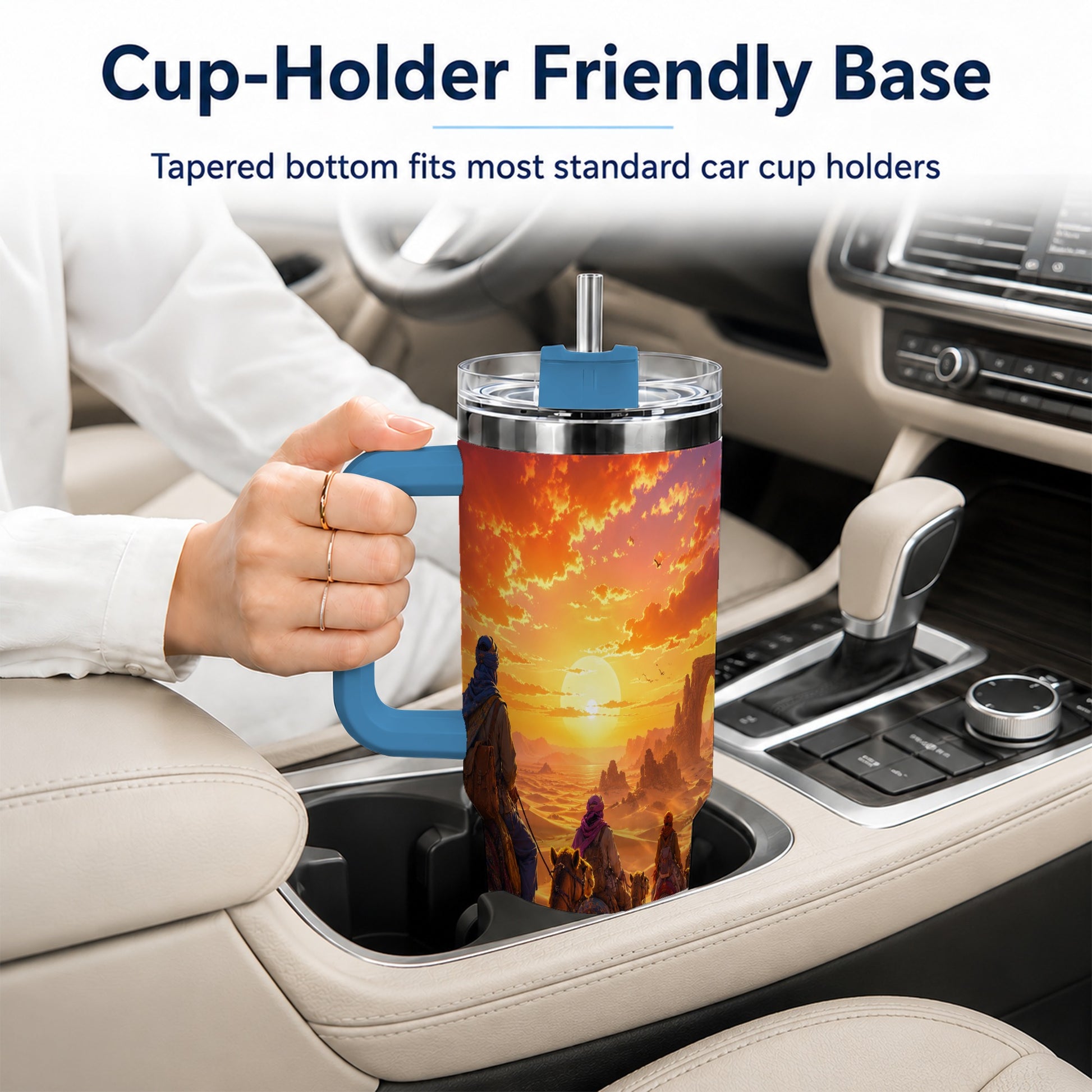#pl[40oz|Blue] Desert Caravan 40oz Tumbler with Handle, Camel Sunset Adventure