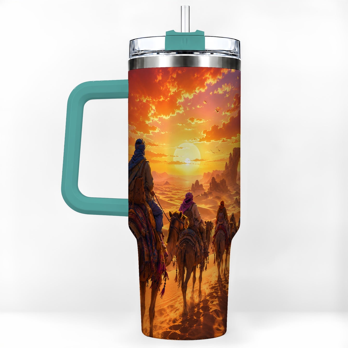 #pl[40oz|Green] Desert Caravan 40oz Tumbler with Handle, Camel Sunset Adventure