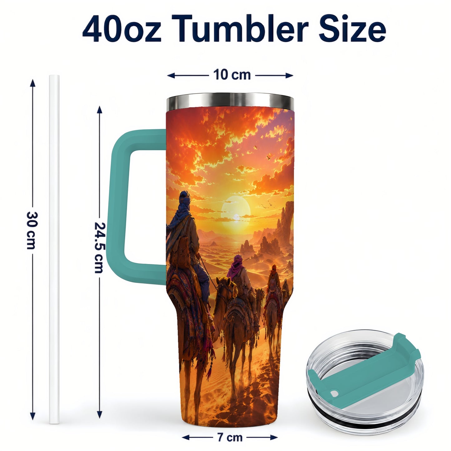 #pl[40oz|Green] Desert Caravan 40oz Tumbler with Handle, Camel Sunset Adventure