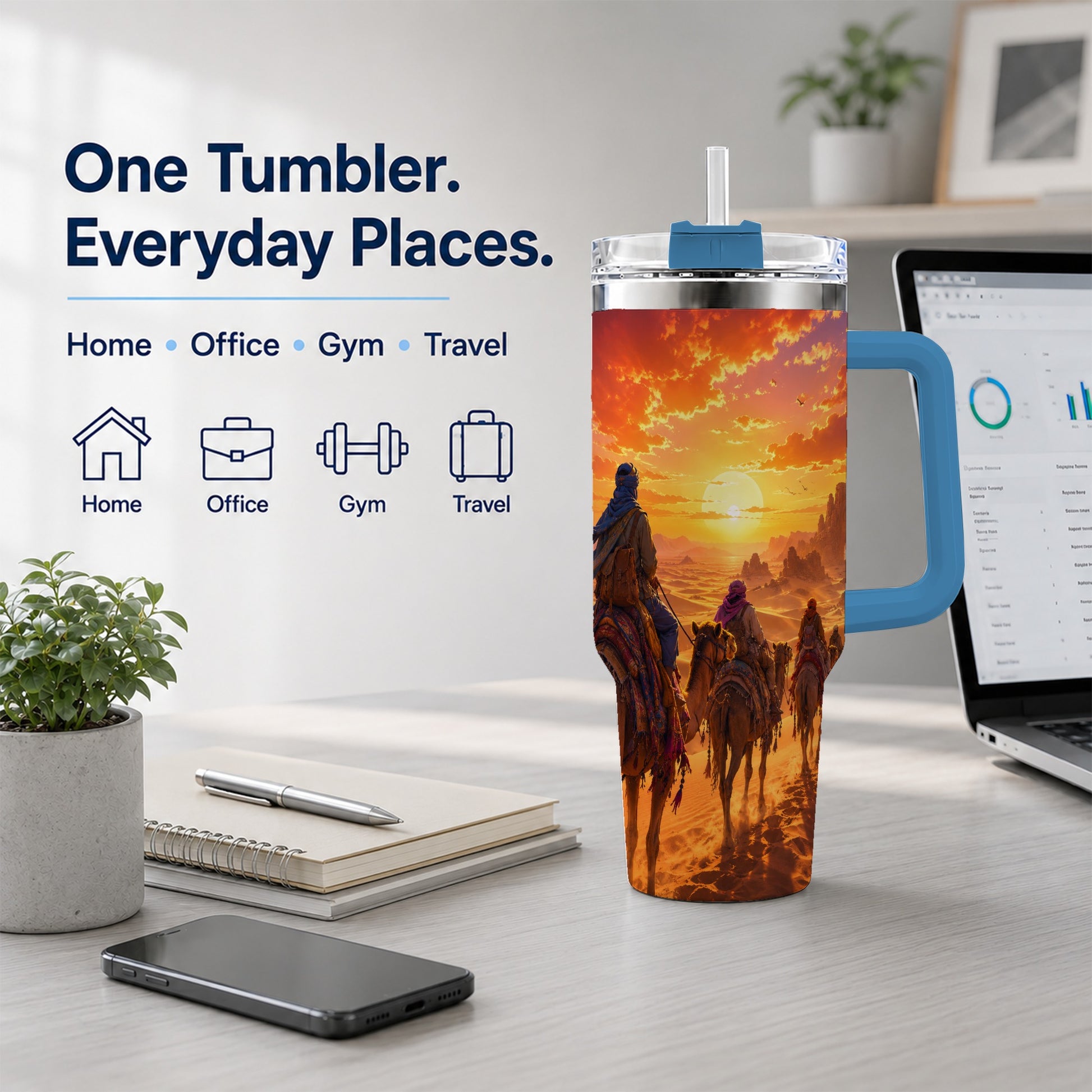 #pl[40oz|Blue] Desert Caravan 40oz Tumbler with Handle, Camel Sunset Adventure