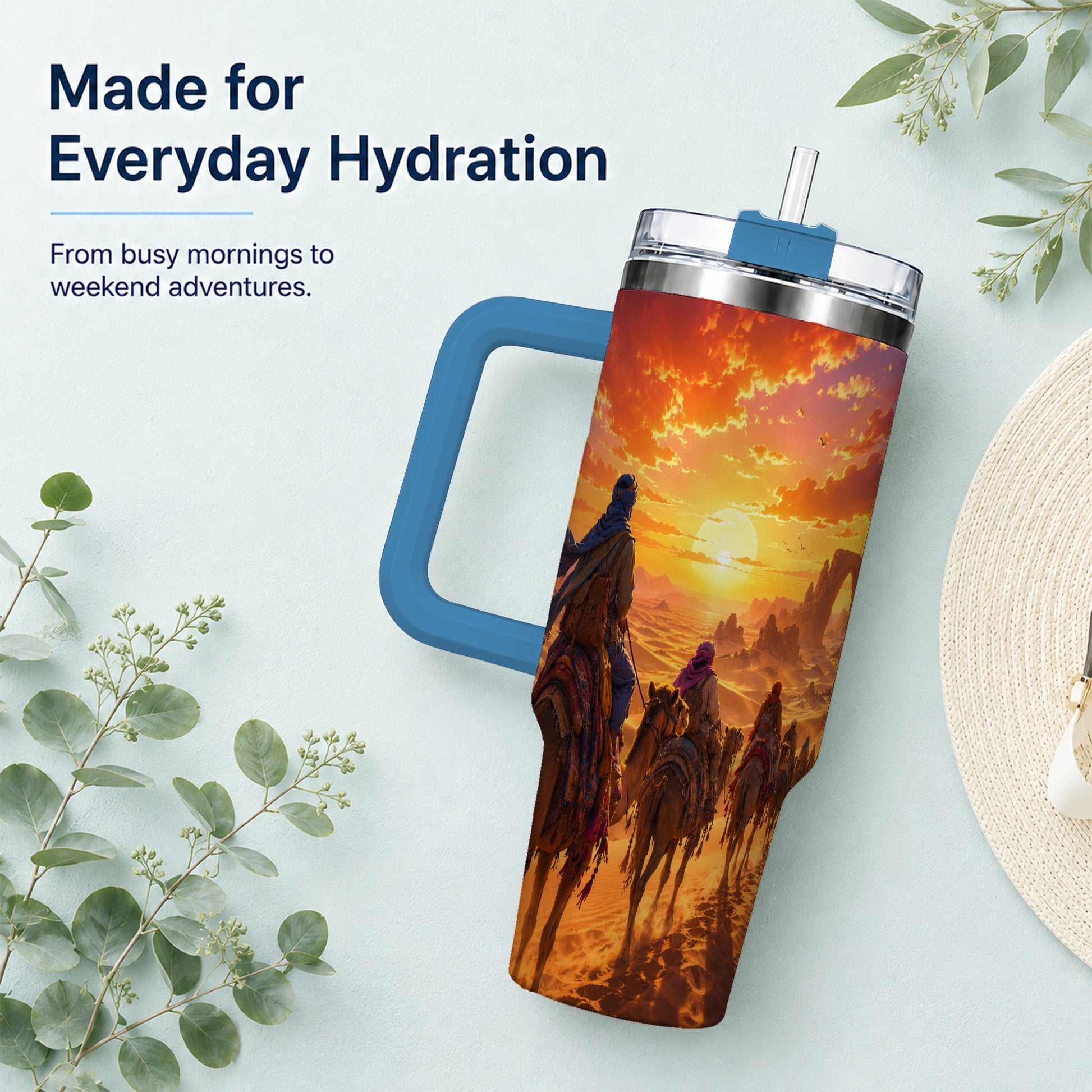 #pl[40oz|Blue] Desert Caravan 40oz Tumbler with Handle, Camel Sunset Adventure