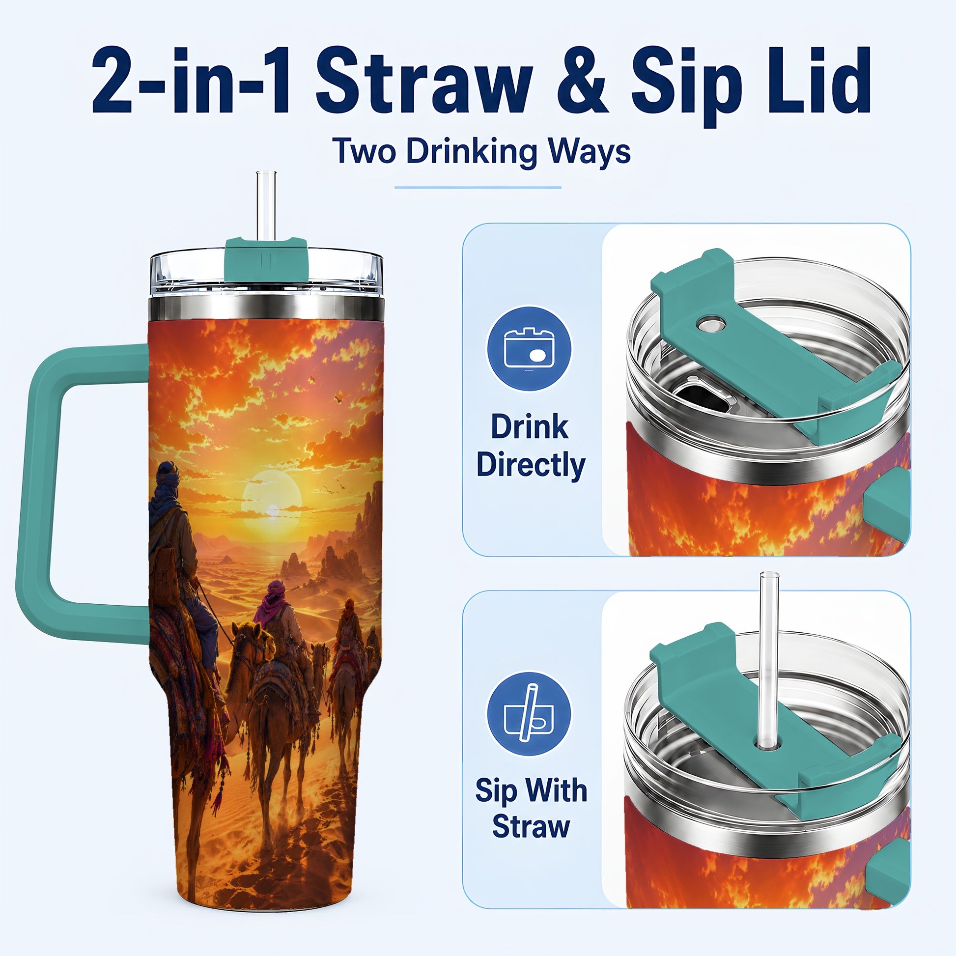 #pl[40oz|Green] Desert Caravan 40oz Tumbler with Handle, Camel Sunset Adventure