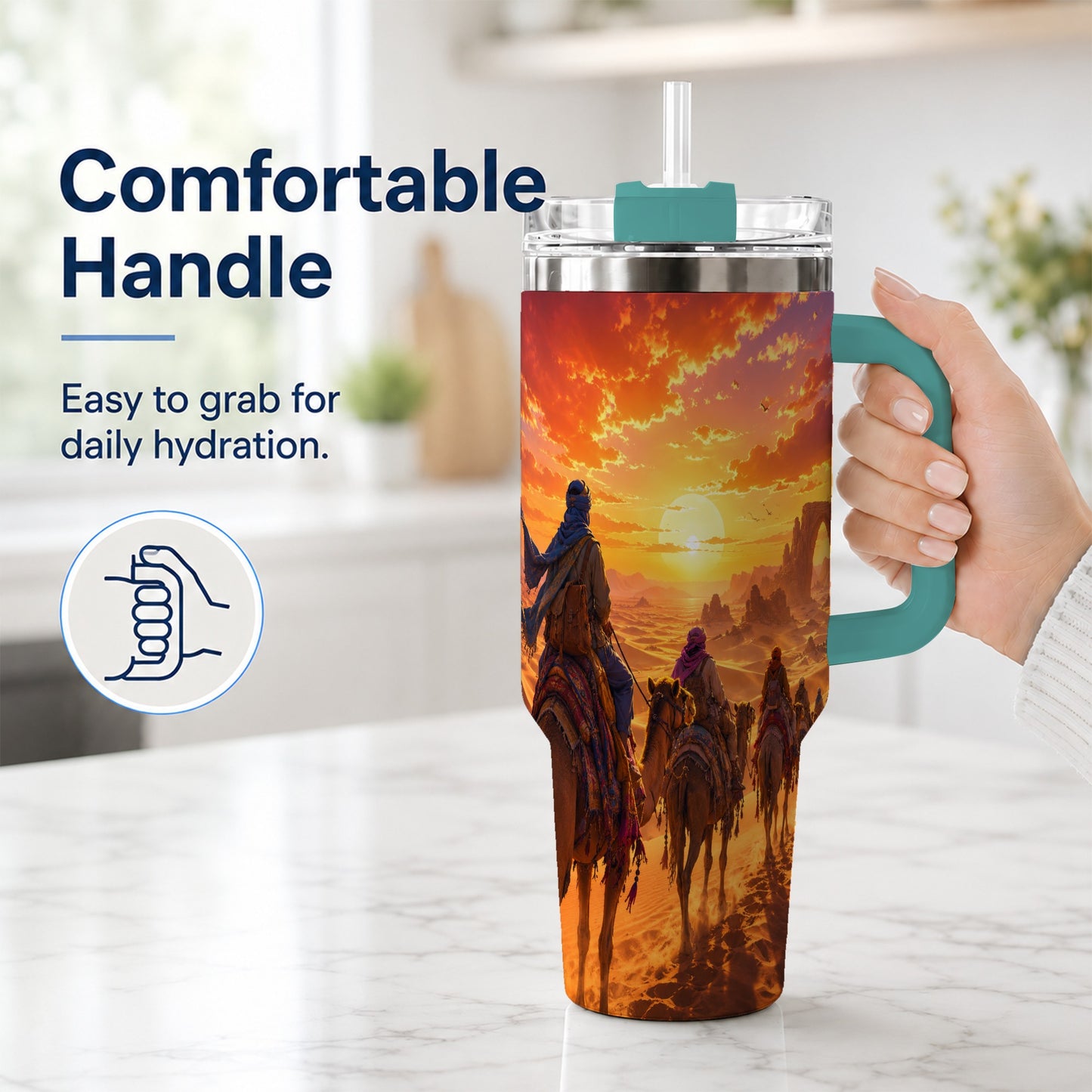 #pl[40oz|Green] Desert Caravan 40oz Tumbler with Handle, Camel Sunset Adventure