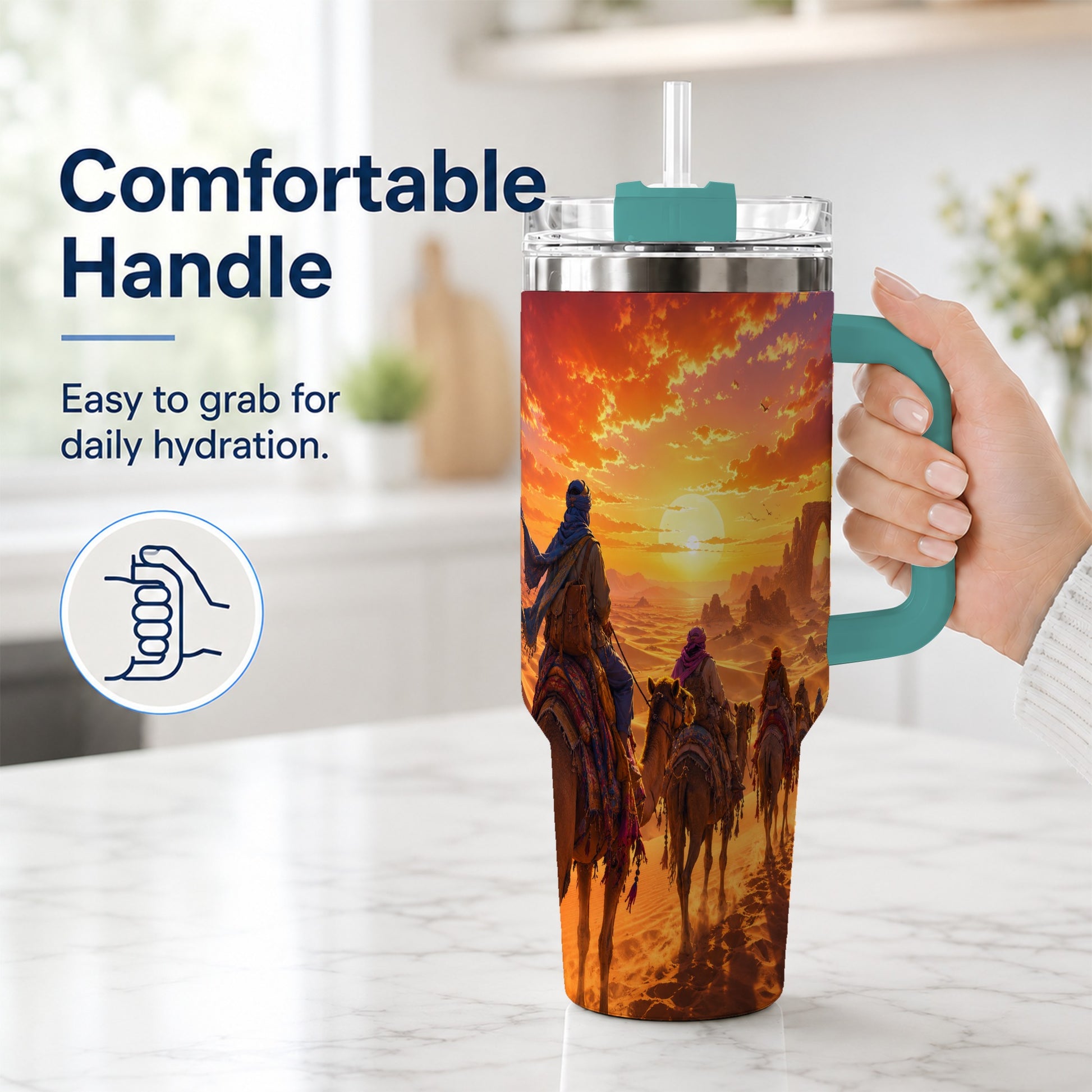 #pl[40oz|Green] Desert Caravan 40oz Tumbler with Handle, Camel Sunset Adventure
