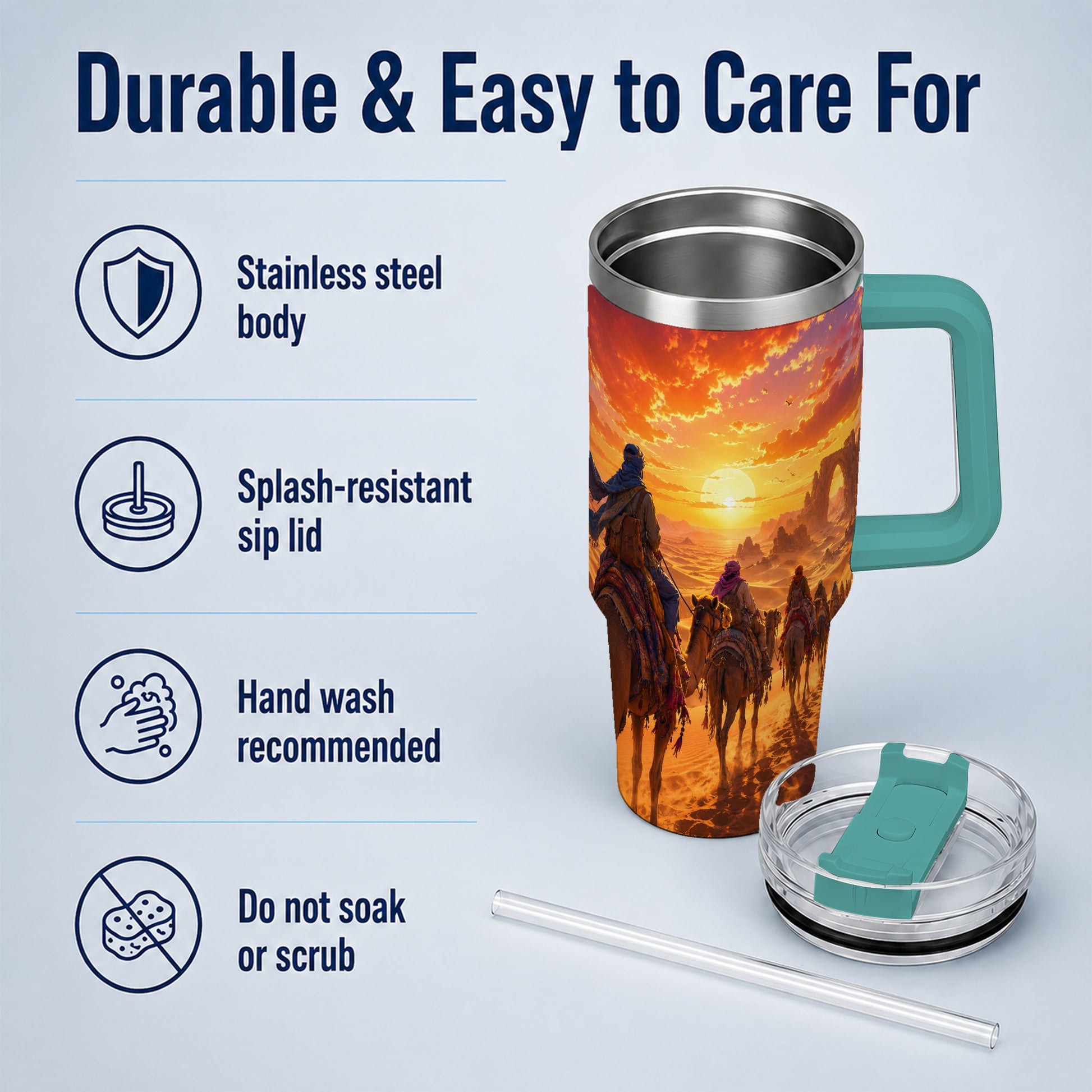 #pl[40oz|Green] Desert Caravan 40oz Tumbler with Handle, Camel Sunset Adventure