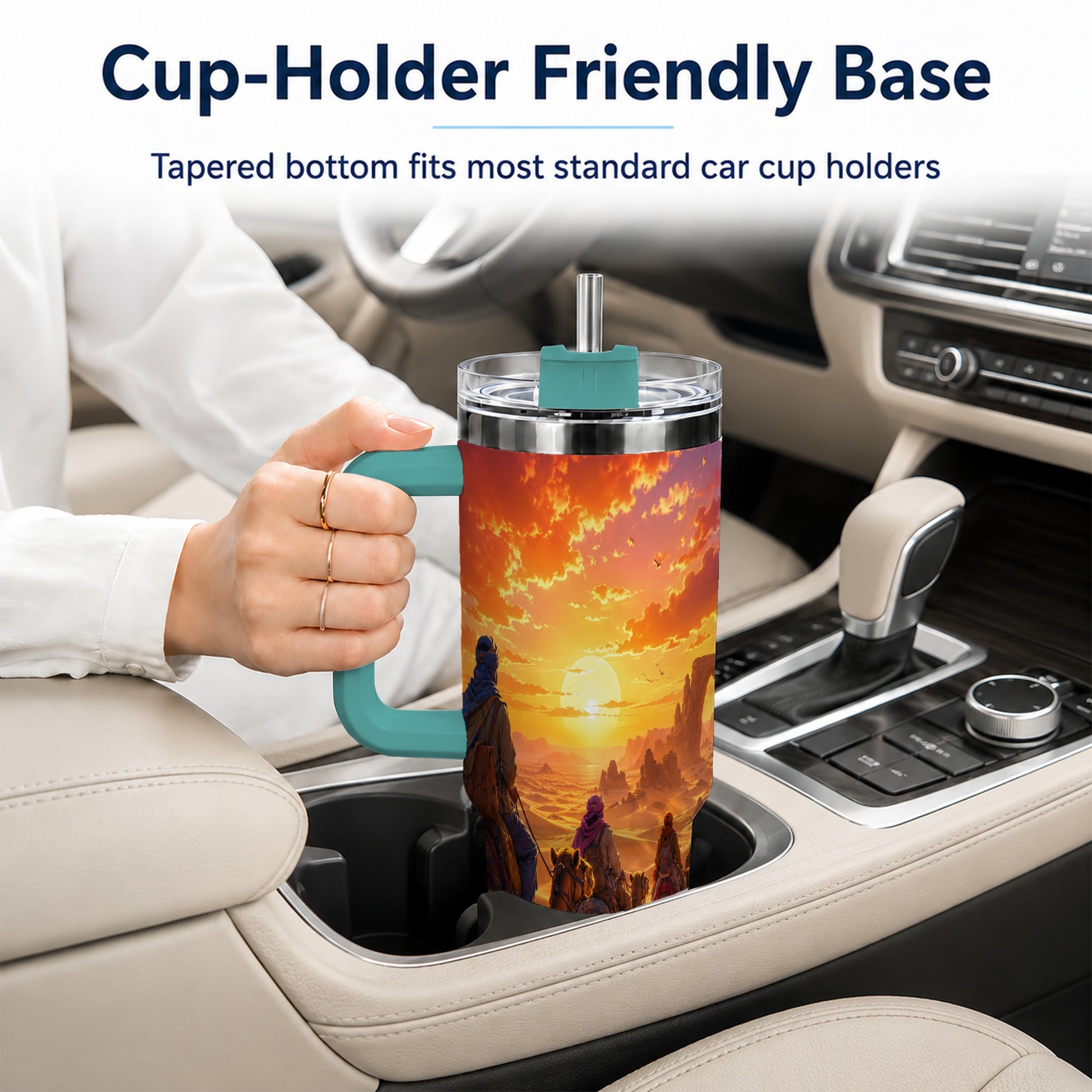 #pl[40oz|Green] Desert Caravan 40oz Tumbler with Handle, Camel Sunset Adventure