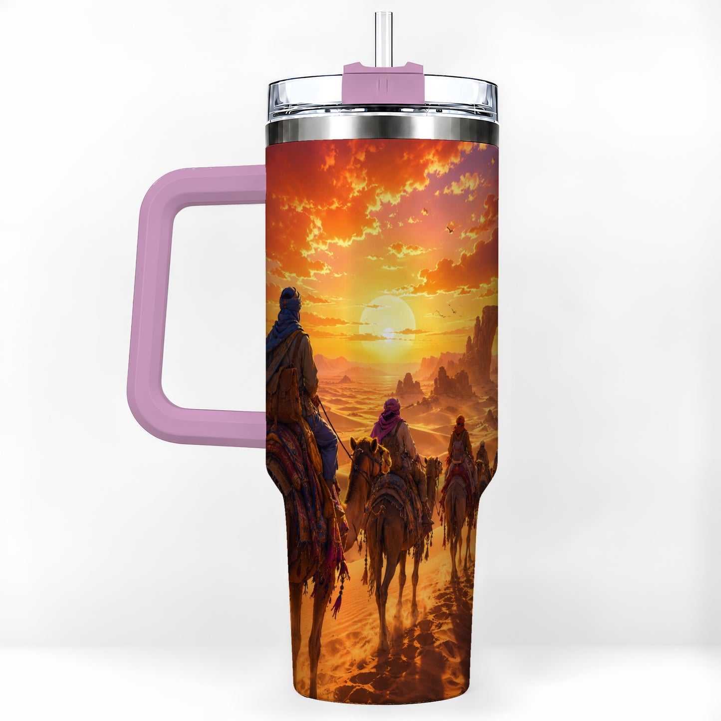#pl[40oz|Pink] Desert Caravan 40oz Tumbler with Handle, Camel Sunset Adventure